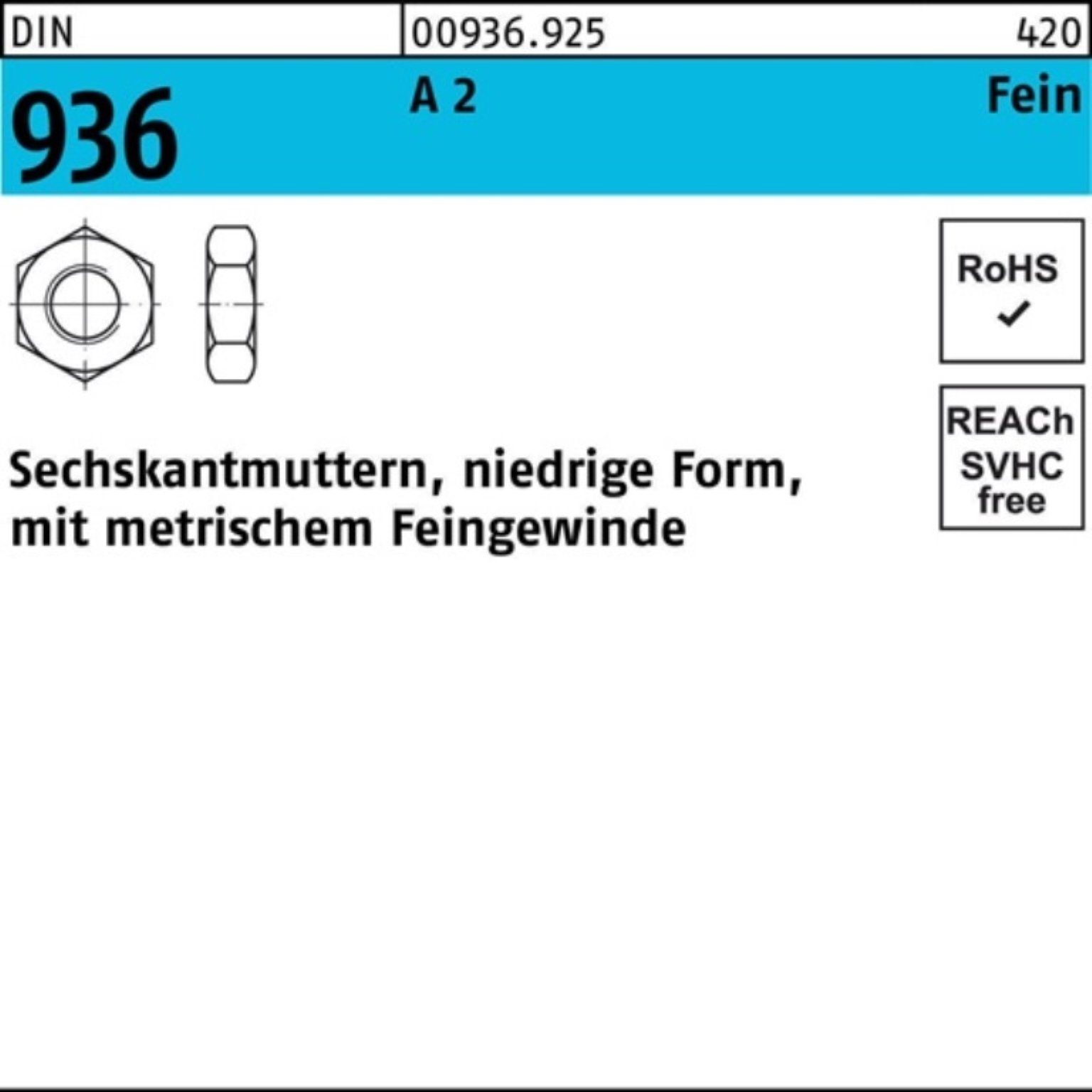 DIN A DIN 10 Reyher Pack 1,5 2 936 2 Muttern A Stück Sechskantmutter M22x 100er 936