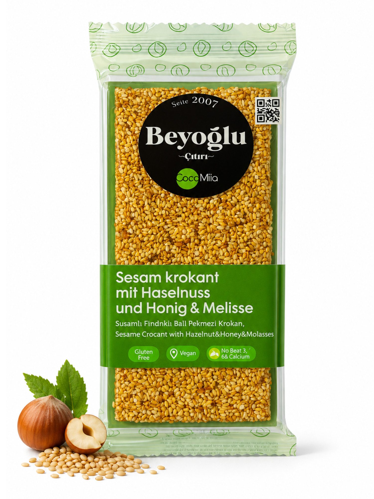 Beyoglucitiri Cerealien Sesam Krokant mit Haselnuss 50 g, 1 x, Glutenfrei Knusprig Verzehrfertig Hergestellt in der Türkei
