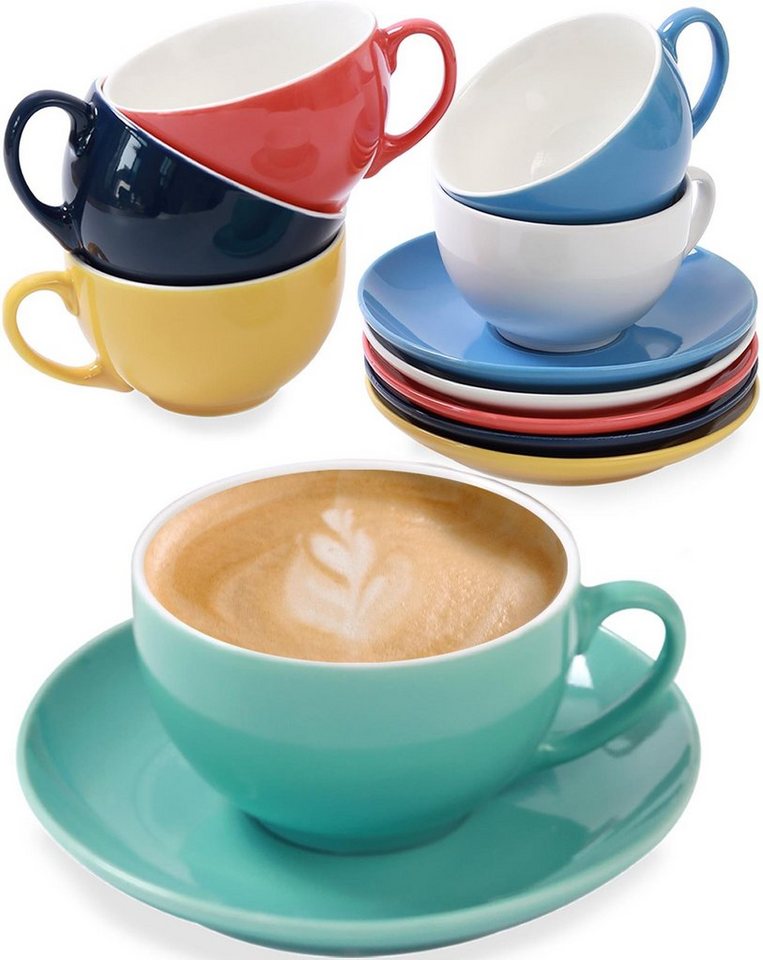 Cosumy Cappuccinotasse 6 Cappuccino Tassen Farbig, Keramik, 6er Set aus  Keramik Weiß - Mit Untertassen - Hält Lange warm - Spülmaschinenfest - 180ml