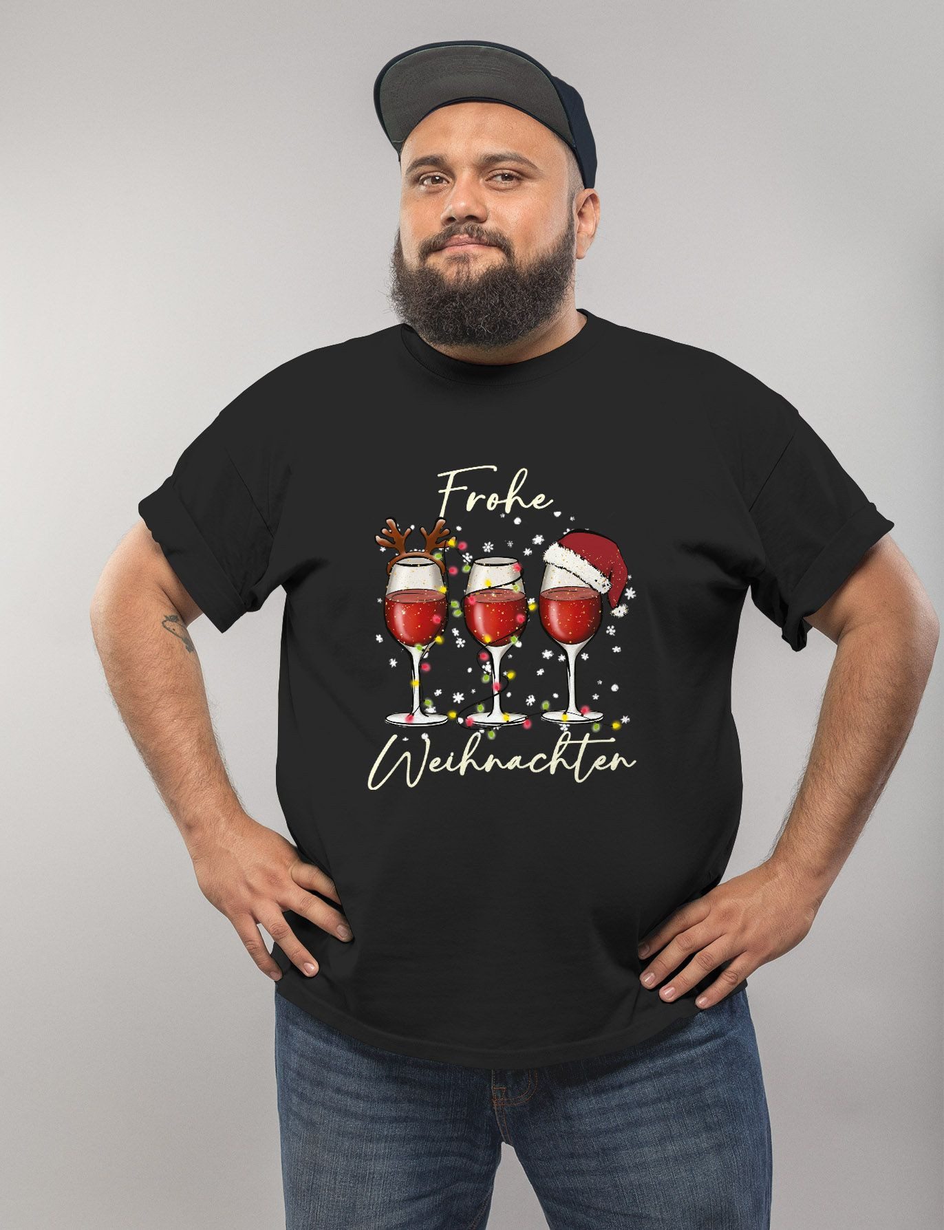 MoonWorks Print-Shirt Herren T-Shirt Weihnachten Printshirt Weingläser Wein Comic Design mit Print