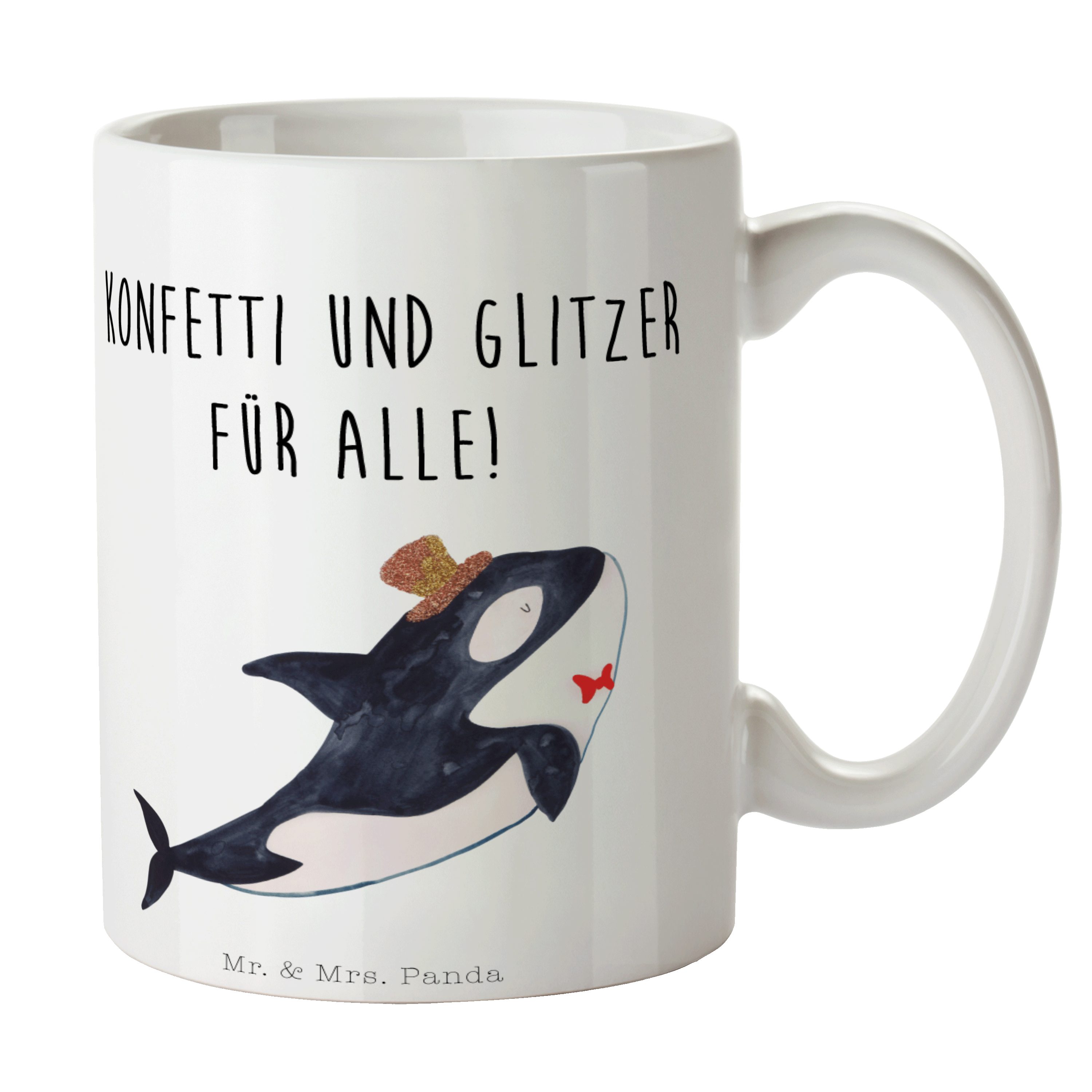 Mr. & Mrs. Panda Tasse Orca Zylinder - Weiß - Geschenk, Meer, Urlaub, Feier, Fete, Porzellan, Keramik