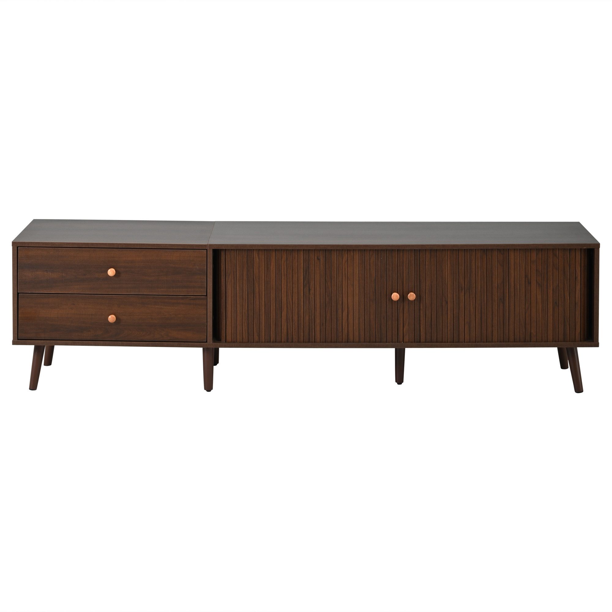 KLAM HOME Lowboard Walnuss TV Lowboard 180cm mit Rolltüren & 2 Schubladen (TV-Schrank 180×40×46,5cm für Fernseher bis 80 Zoll), Wohnzimmer TV-Ständer Walnusshol – Bild 2 von 5