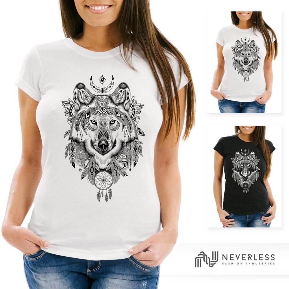 Print-Shirt Damen T-Shirt Wolf Traumfänger Atzekenmuster Boho Atzec Ethno
