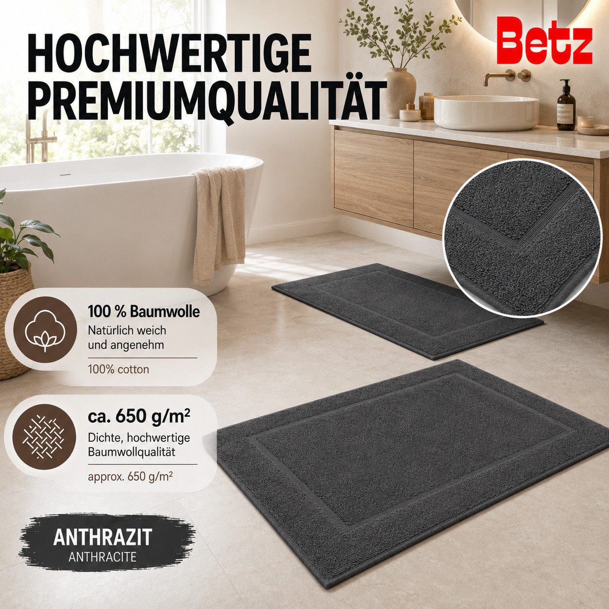 Betz Badematte 2 Stück Badvorleger Premium Badteppich Größe 50x70 cm, unbeschichtet, beidseitig nutzbar, beidseitig nutzbar, Baumwolle, Qualität 650g/m² – Bild 3 von 5