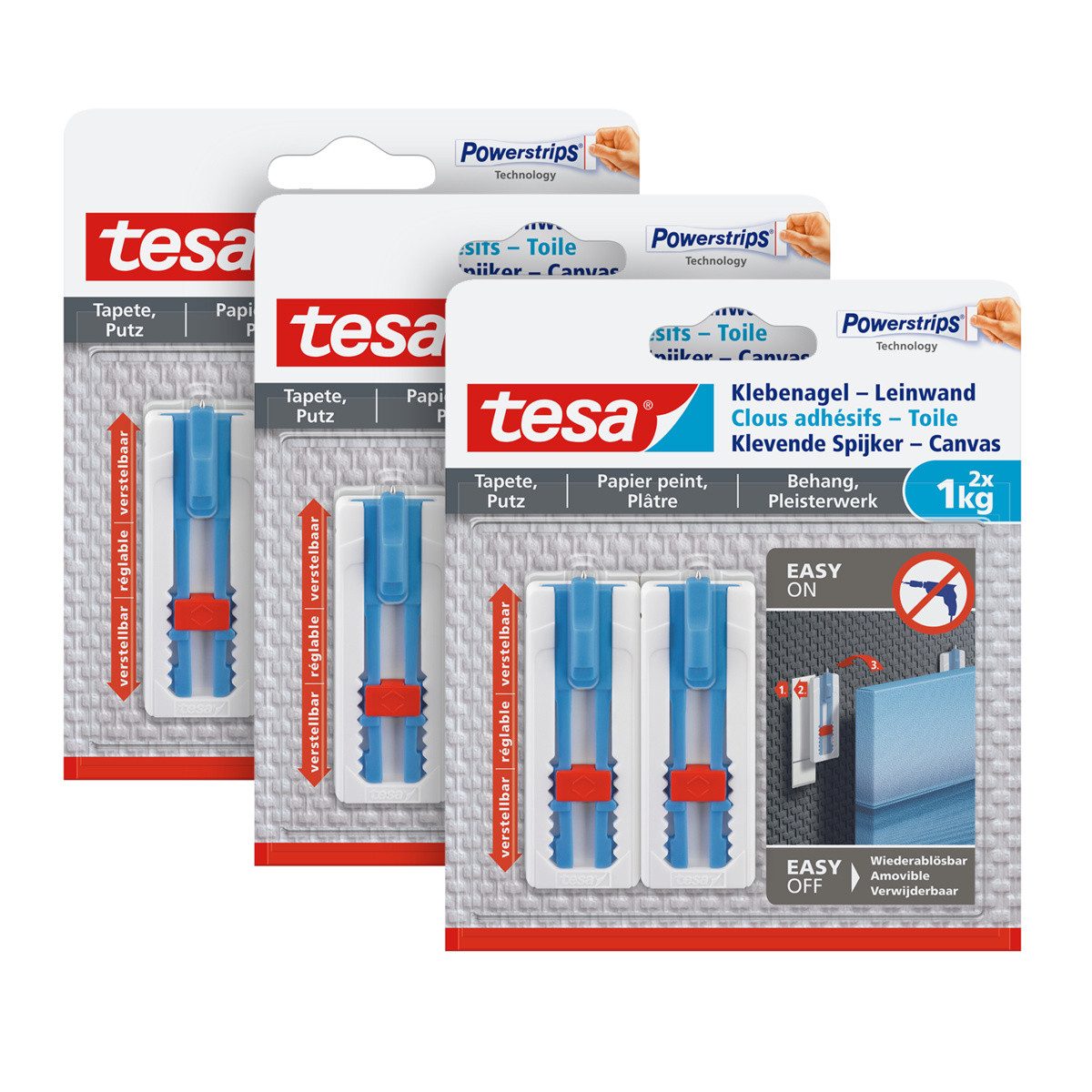tesa Klebehaken tesa Leinwand Klebenagel, Tapeten Putz höhenverstellbar 2 Stück, (6-St), Klebehaken - POWERSTRIPS Doppelseitig - für Leinwände - 2er Pack