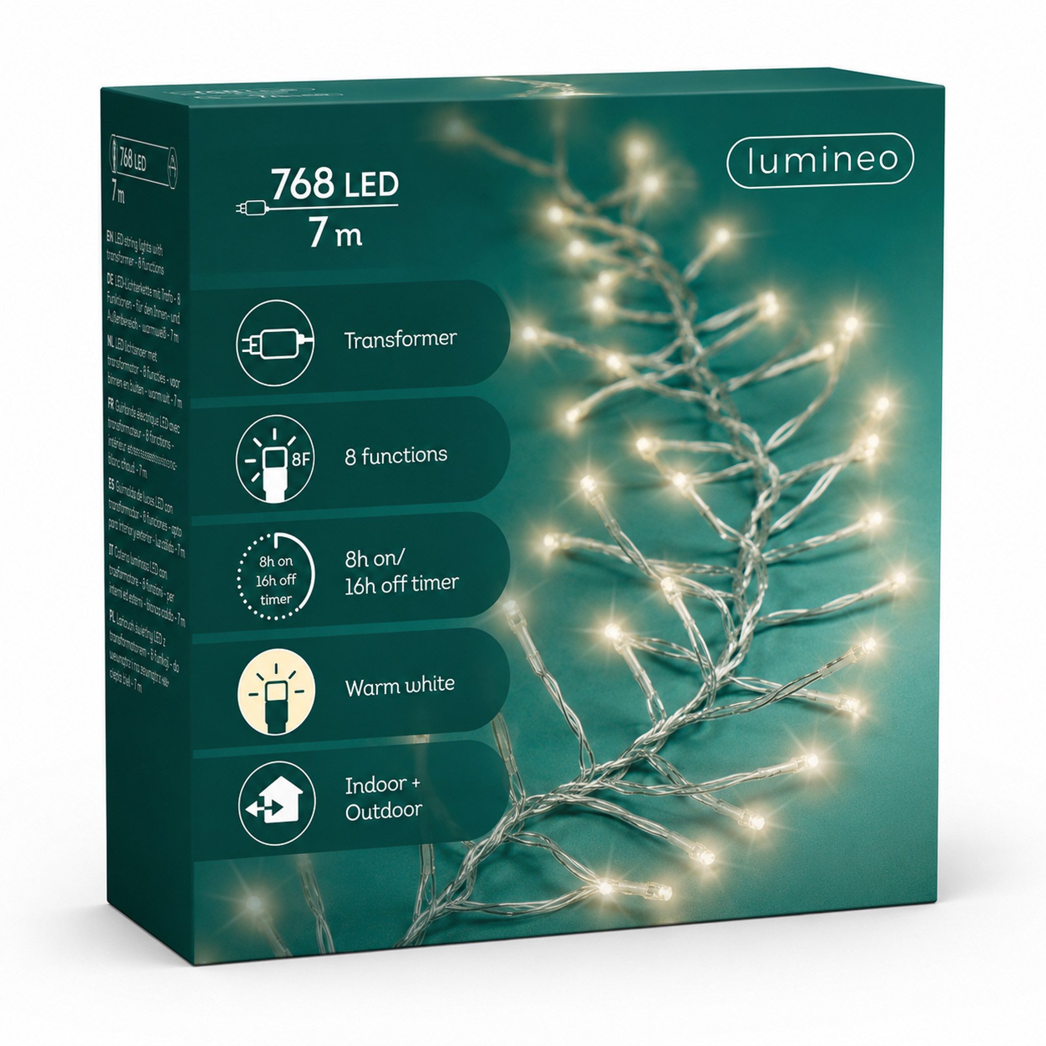 Lumineo LED-Lichterkette, LED Cluster Lichterkette 7m mit Trafo 768 LEDs Warmweiß / transparent