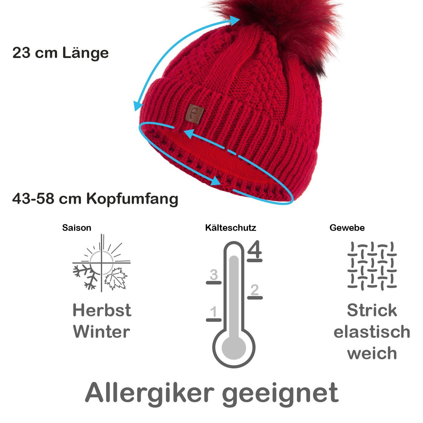 Faera Bommelmütze Wintermütze Damen Herren Mütze Beanie Haube gefüttert Bommelmütze 13