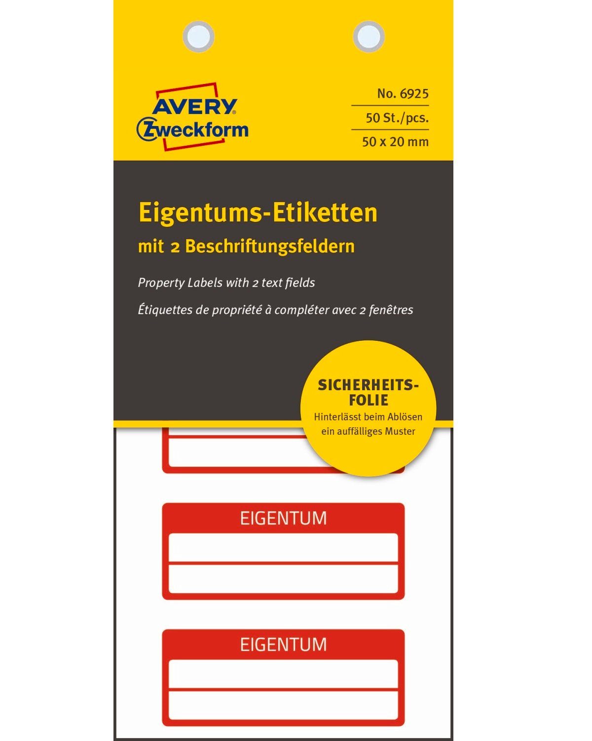 Avery Zweckform Etiketten 50x Eigentums-Etiketten mit 2 Feldern 50x20mm Rot, 50x20mm 50 Stück Aufkleber auf Block, Permanent, zur Handbeschriftung