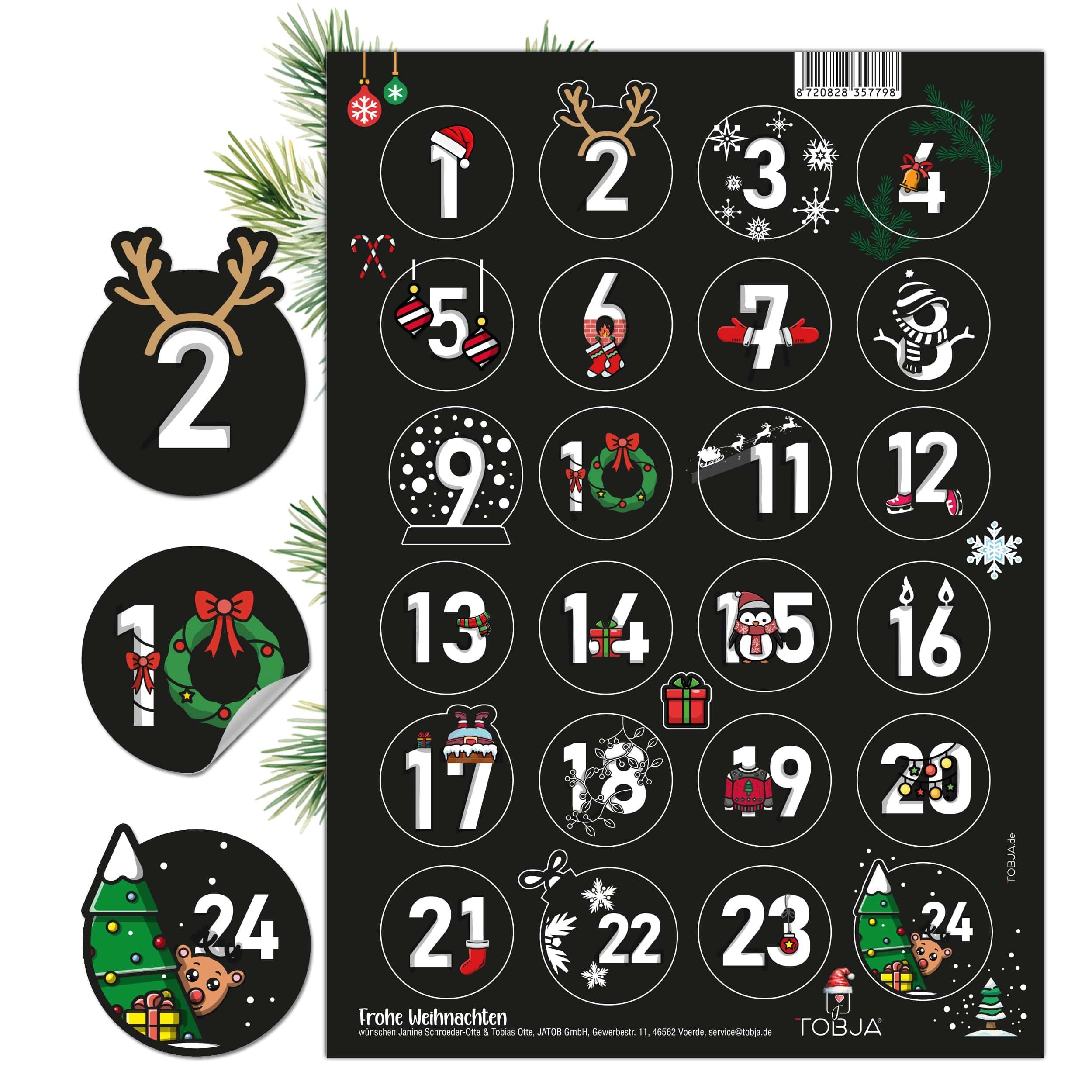 TOBJA Adventskalender Adventsaufkleber Schwarz Bunt Weihnachtsaufkleber Advent 1-24, Aufkleber Advent Weihnachten. Sticker Nummern Zahlenaufkleber
