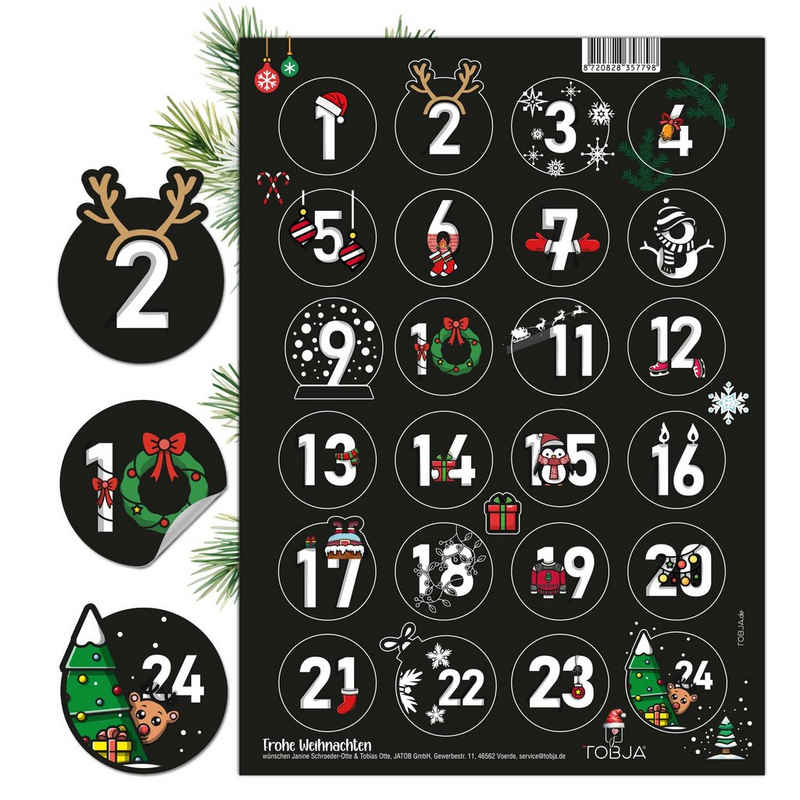 TOBJA Календари Календари Zahlen 1-24, schwarze Adventsaufkleber, Aufkleber Advent Weihnachten. Sticker Nummern Zahlenaufkleber
