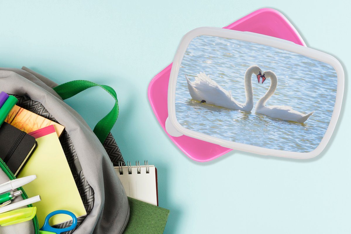 Vögel - Snackbox, Wasser Kinder, - (2-tlg), - Schwan Mädchen, Brotbox Kunststoff Erwachsene, für Liebe Kunststoff, Sonne, rosa Brotdose Lunchbox - MuchoWow