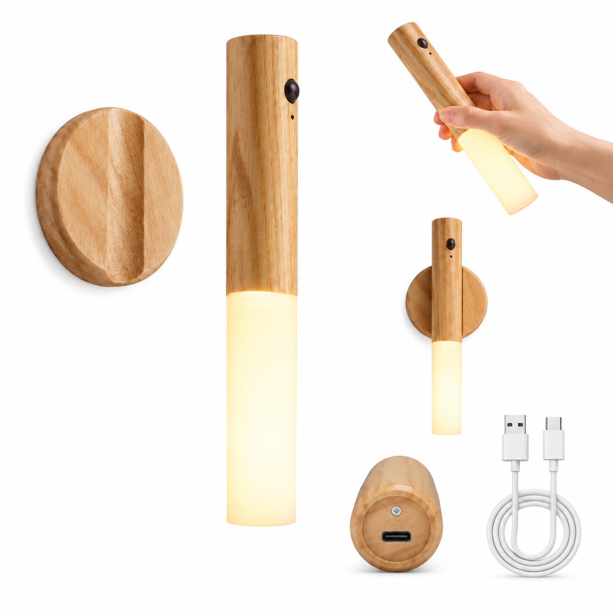 R2 Invest LED Nachtlicht mit Sensor – Magnetische Wandleuchte USB-C, Warmweiß Holzoptik