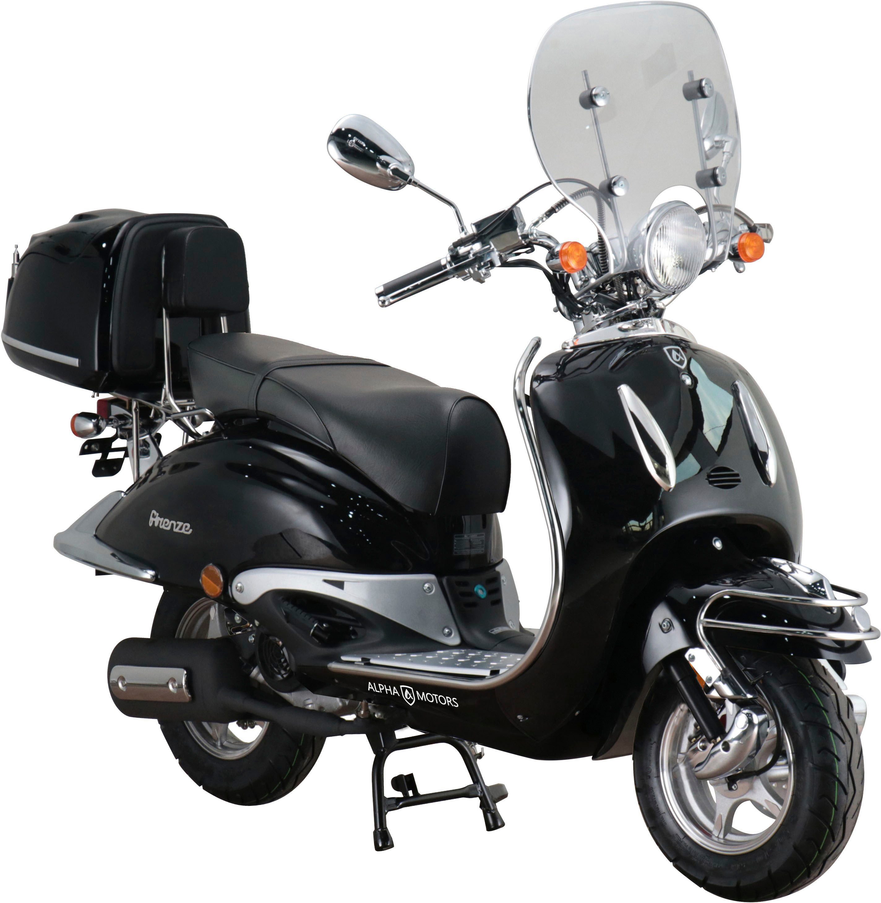 Alpha Motors Motorroller Retro Firenze Limited, 125 ccm, 85 km/h, Euro 5+, (Spar-Set, mit Topcase, Windschild und Chrom-Set), mit Lenkerschloss und Windschild