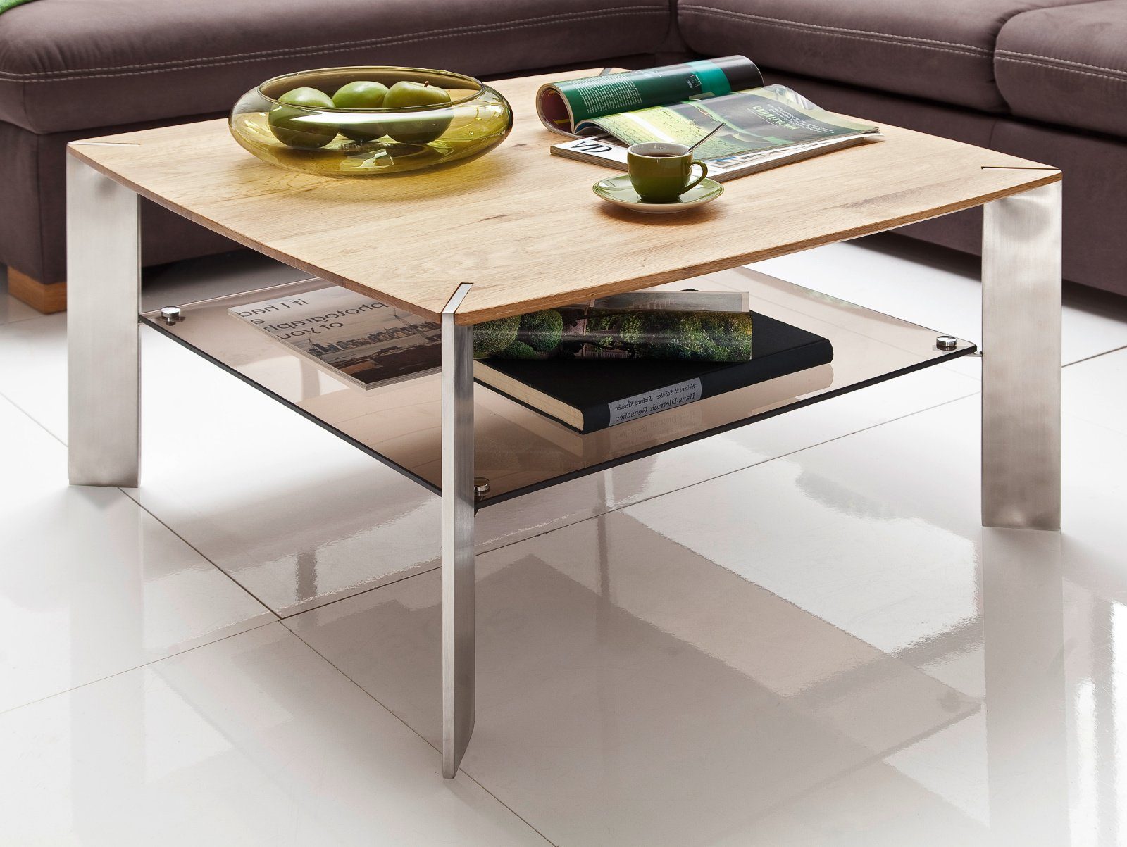MCA furniture Couchtisch »Nelia« (Wohnzimmer Tisch quadratisch, 80x80 cm,  Tischbeine Edelstahl), Asteiche massiv, mit Ablage aus Glas, bronziert  online kaufen | OTTO