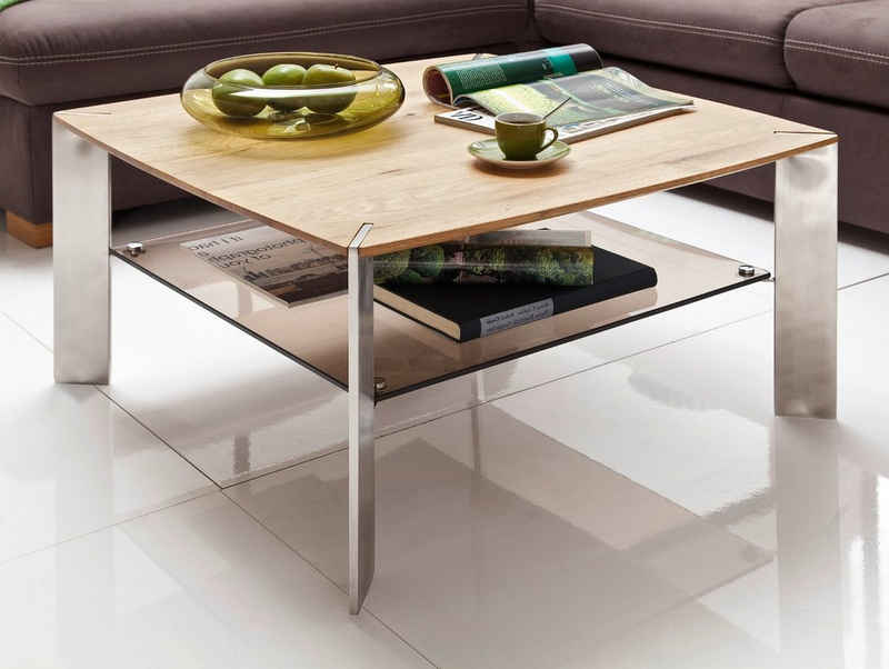 MCA furniture Couchtisch Nelia (Wohnzimmer Tisch quadratisch, 80x80 cm, Tischbeine Edelstahl), Asteiche massiv, mit Ablage aus Glas, bronziert