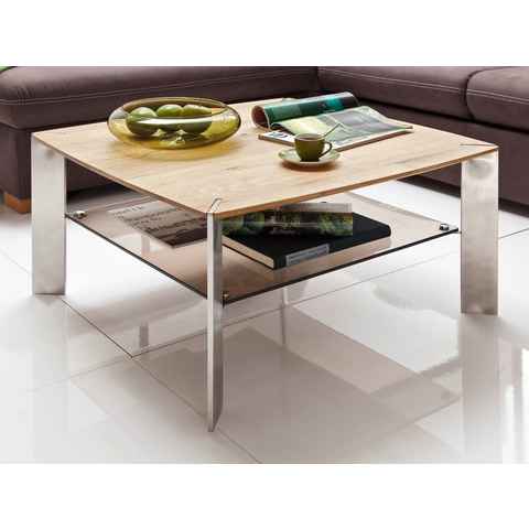 MCA furniture Couchtisch Nelia (Wohnzimmer Tisch quadratisch, 80x80 cm, Tischbeine Edelstahl), Asteiche massiv, mit Ablage aus Glas, bronziert