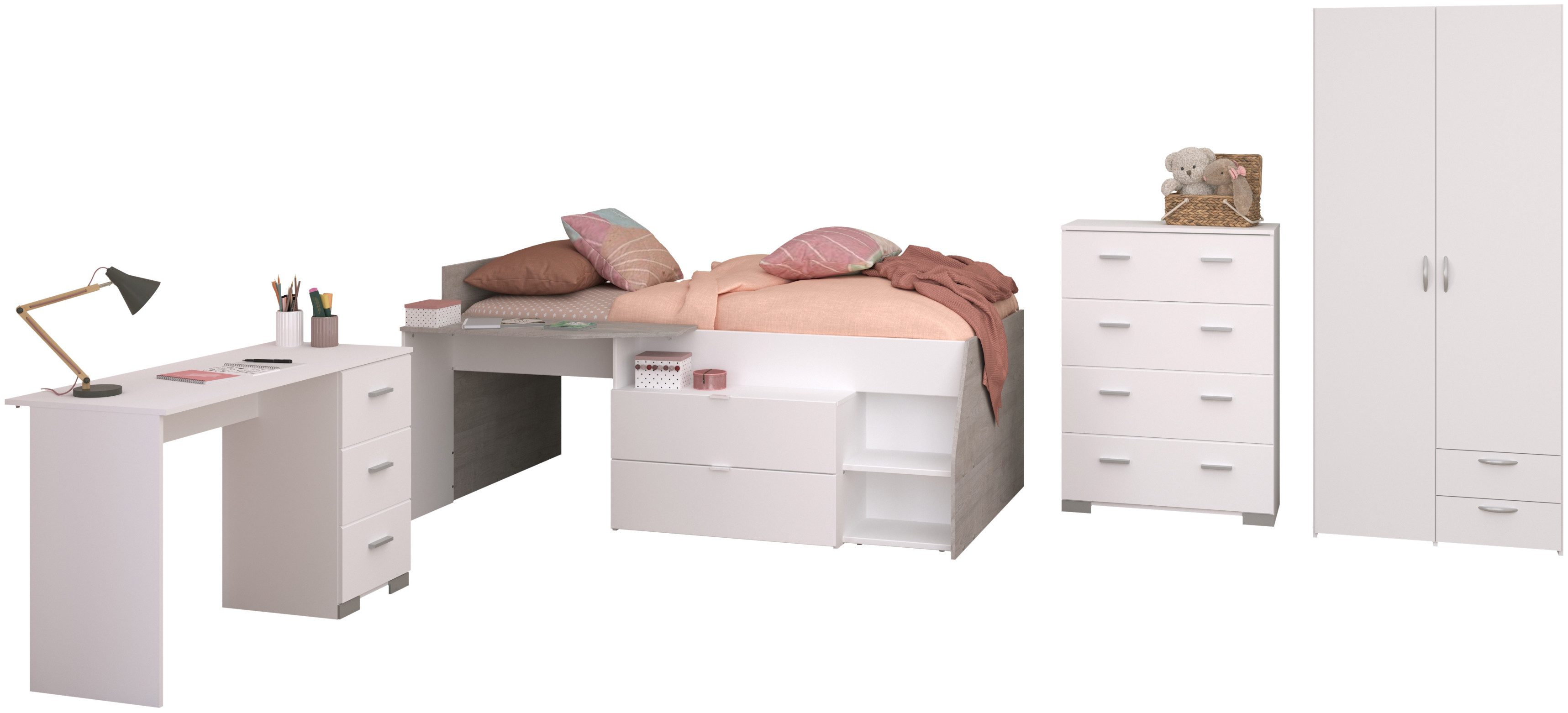 Parisot Jugendzimmer-Set Parisot, Milky 11, (5-tlg), viel Stauraum, komplettes Zimmer, für Jungen und Mädchen