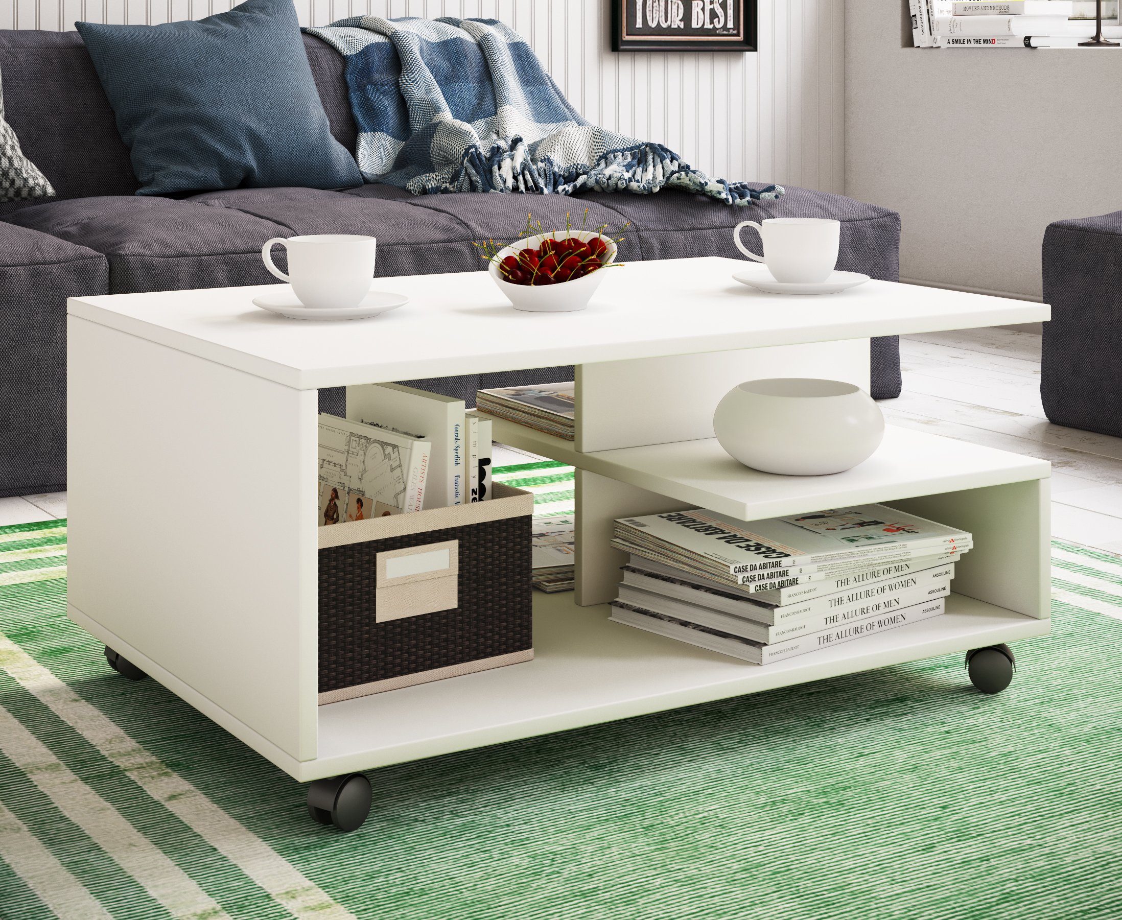 VCM Couchtisch Stango L B. 80 x T. 50 x H. 41 cm, 5 Fächer, stabiler Wohnzimmertisch, mit Rollen – Bild 3 von 4