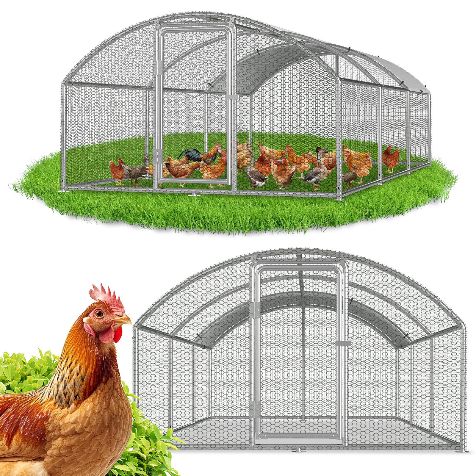 Clanmacy Hühnerstall Hühnerstall 3x6x2m Kuppeldach Freilaufgehege verzinkt mit PE-Dach, Verzinkter Rahmen, PE-Dach, PVC-beschichtetes …