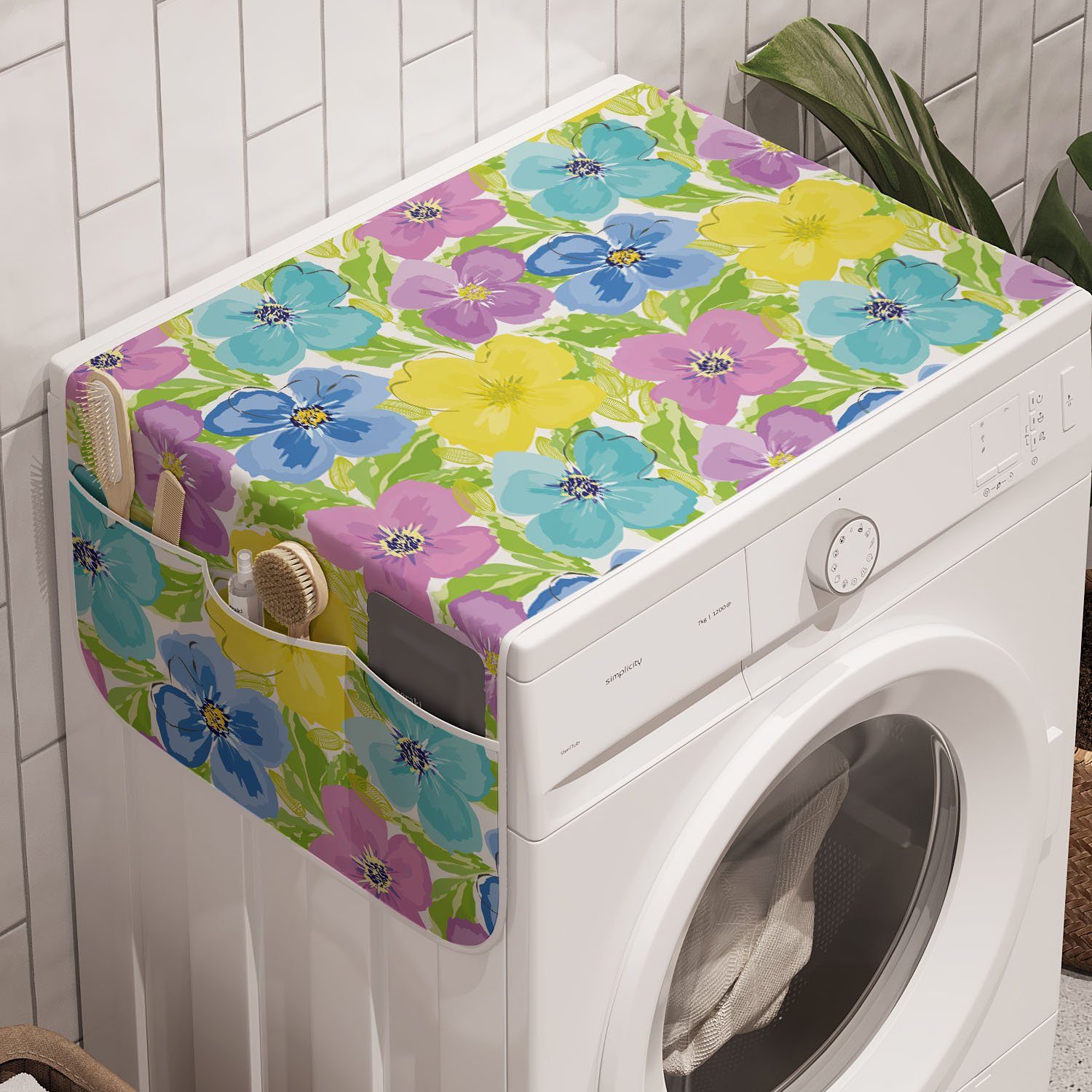 Abakuhaus Badorganizer Anti-Rutsch-Stoffabdeckung für Waschmaschine und Trockner, Blumen Aquarell-Blumen und Blätter