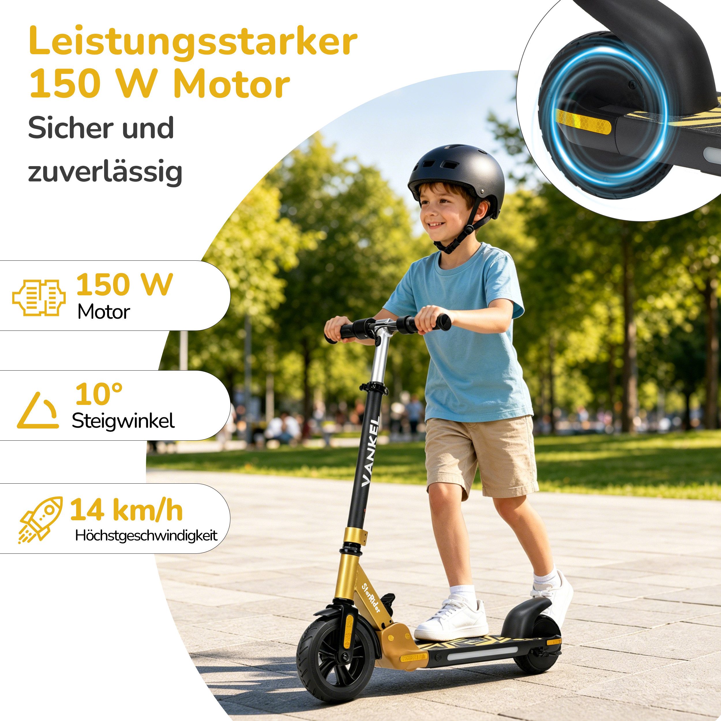 Vankel E-Scooter Faltbarer E-Scooter für Kinder ab 6 Jahren, bis 14 km/h, 150 W, (faltbar, für Jungen und Mädchen, max. 50kg, Aluminiumrahmen), 6,5 kg leicht, höhenverstellbar für ca. 110–160 cm