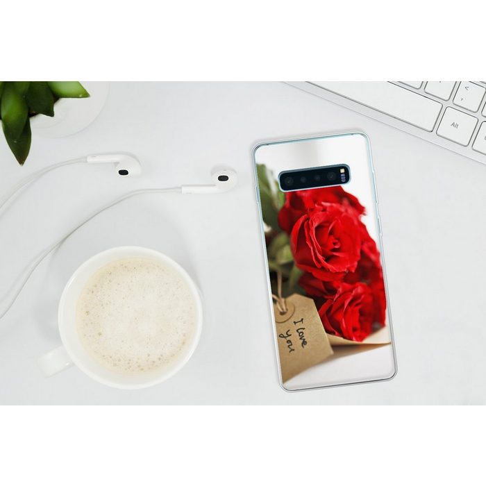 MuchoWow Handyhülle Rote Rosen auf weißem Hintergrund zum Valentinstag Phone Case Handyhülle Samsung Galaxy S10+ Silikon Schutzhülle FN11416