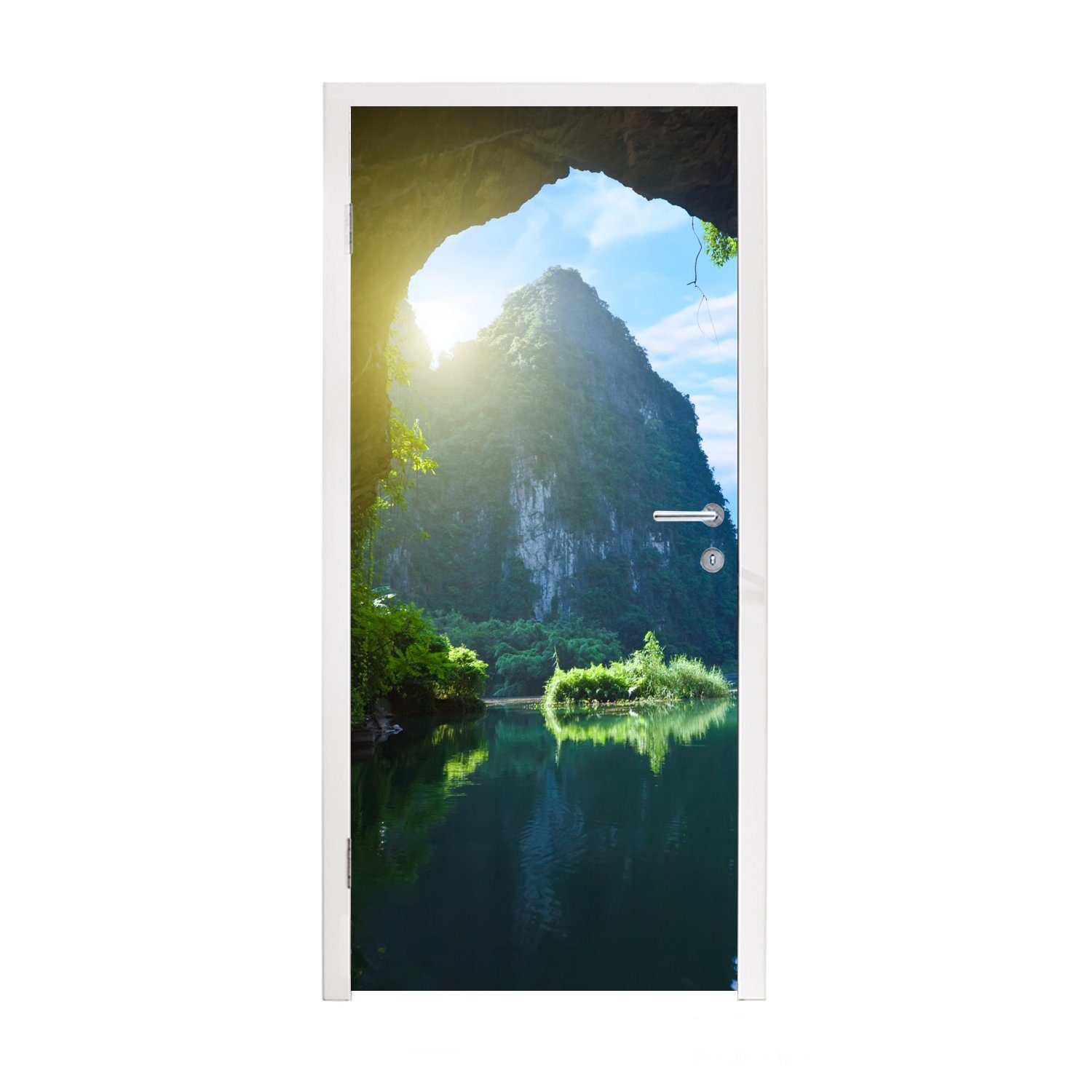 MuchoWow Türtapete Wasser - Höhle - Sonne - Natur - Pflanzen, Matt, bedruckt, (1 St), Fototapete für Tür, Türaufkleber, 75x205 cm