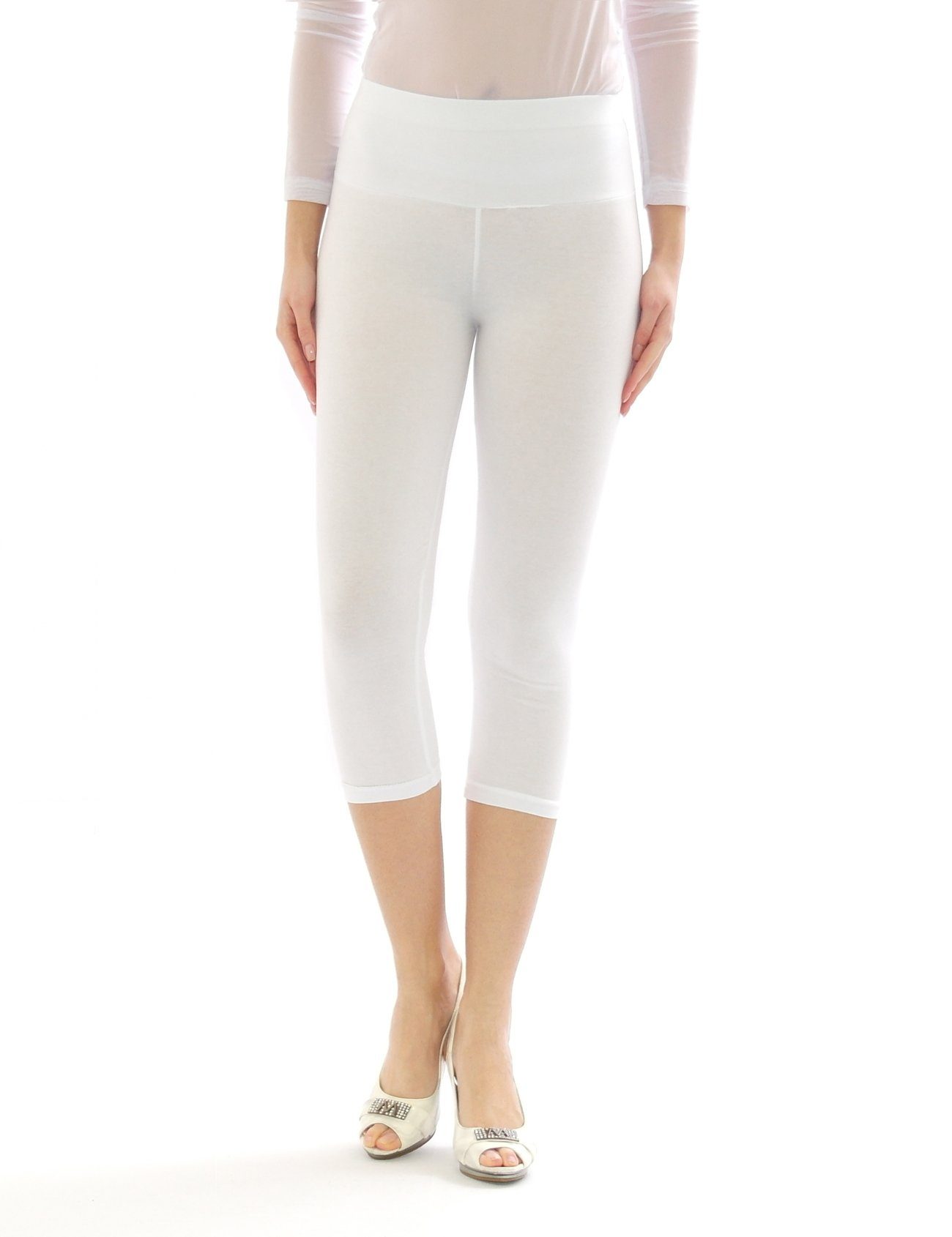 SYS Caprileggings Damen Capri 3/4 Leggings hoher Bund Hose Wäsche Leggins WEISS