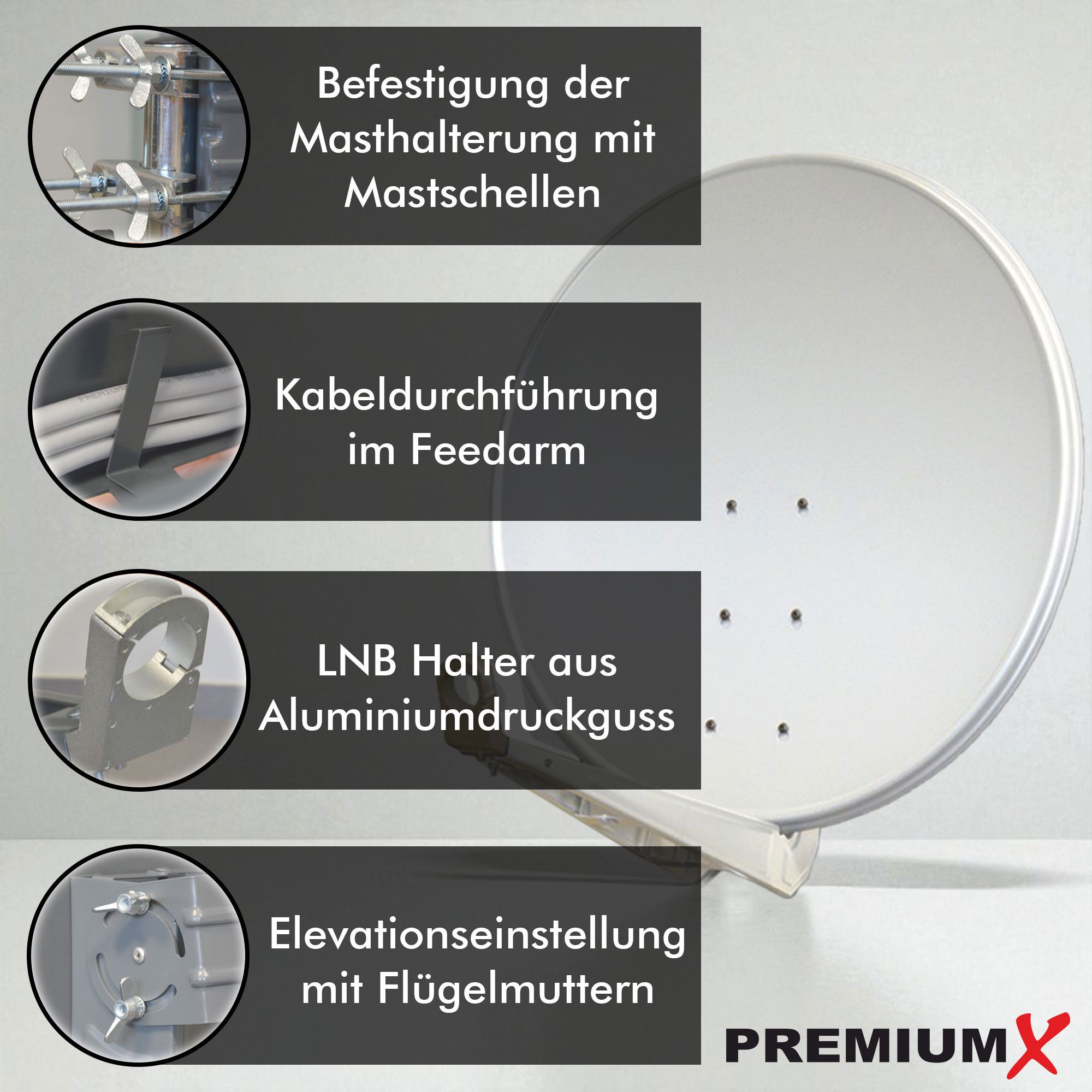 PremiumX DELUXE100 Satellitenantenne 100 cm Aluminium Hellgrau SAT-Antenne – Bild 3 von 5