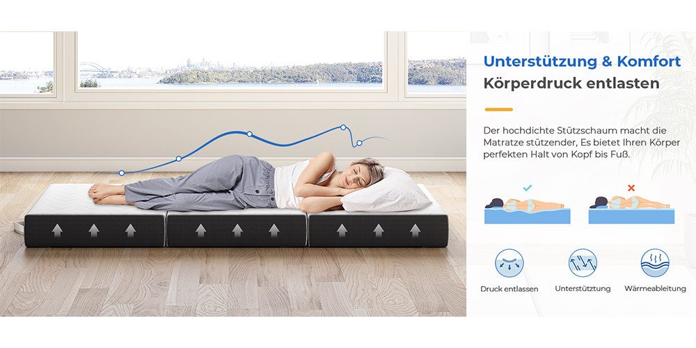 Klappmatratze Faltmatratze 15cm hoch, 10cm hoch Gel-Memory Schaummatratze in weiß, Vesgantti, Reisematratze mit waschbarem Bezug, mit zwei Griffe