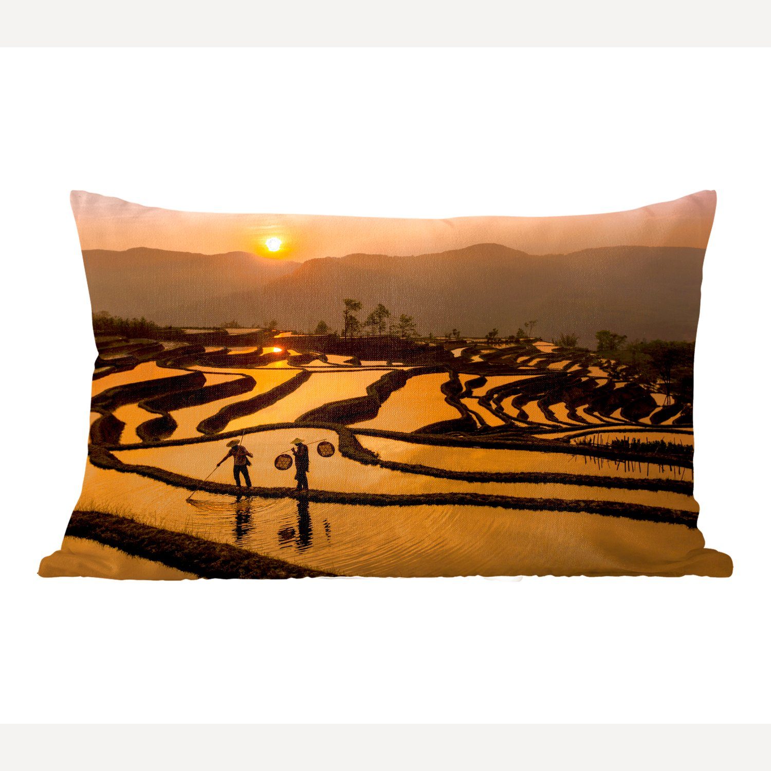 MuchoWow Dekokissen Schönes einem Bild Reisfeld Füllung, bei Sonnenuntergang, von Wohzimmer Zierkissen, Dekoration, Schlafzimmer Dekokissen mit