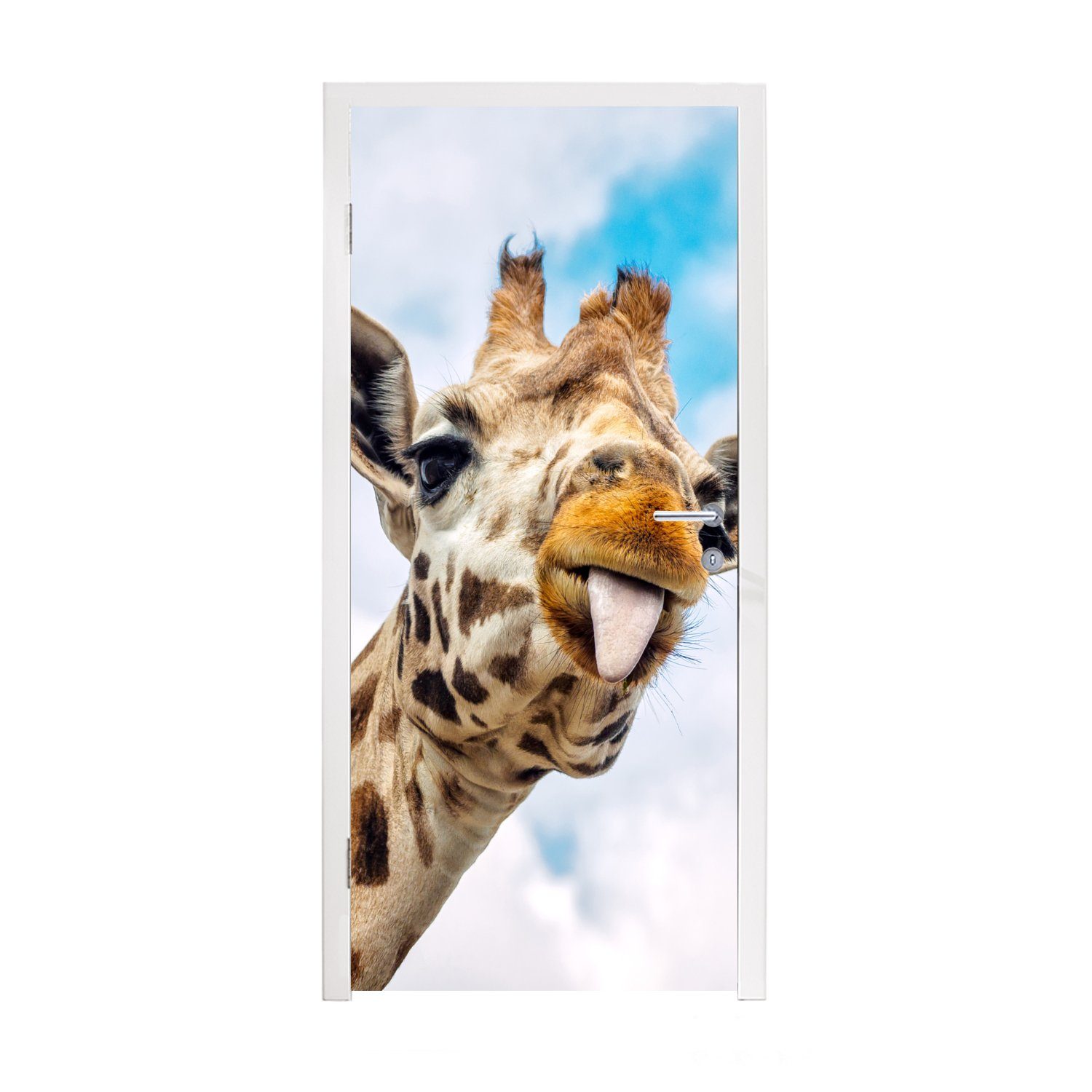 MuchoWow Türtapete Giraffe - Lustig - Zunge - Kinder - Jungen - Mädchen - Kind, Matt, bedruckt, (1 St), Fototapete für Tür, Türaufkleber, 75x205 cm