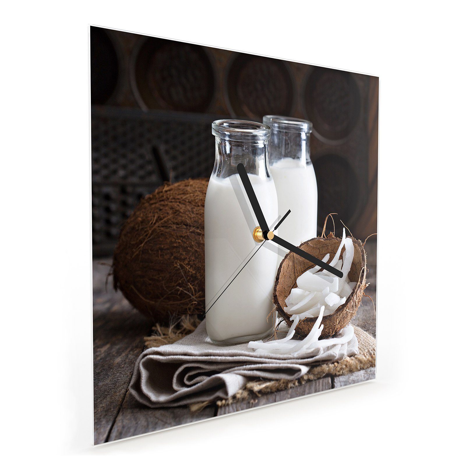 cm 30 frische Motiv Wanduhr Milch 30 x Kokosnuss mit Glasuhr Wandkunst Größe und Wanduhr Primedeco