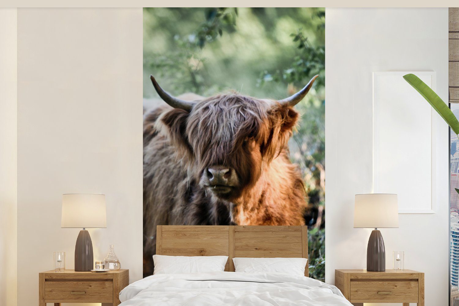 MuchoWow Fototapete Schottische Wohnzimmer Küche, - Wald - Highlander für Vliestapete Matt, Schlafzimmer bedruckt, (2 St), Tiere, Fototapete