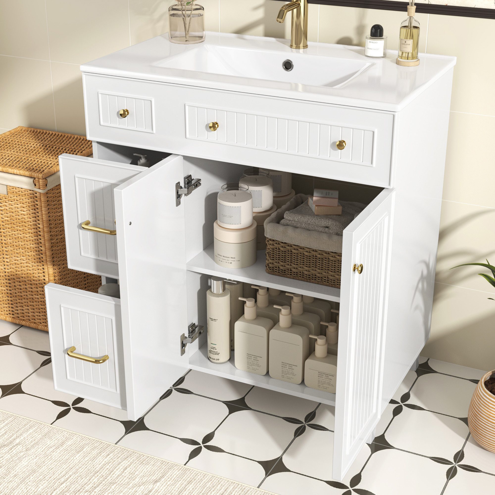 MODFU Badkommode Waschtisch-Unterschrank mit Keramikbecken und Kiefernholzfüßen – weiß (Packung, 1 St., mit Keramikwaschtisch, lackierter Oberfläche), multifunktionalem Stauraum & Massivholzfüßen