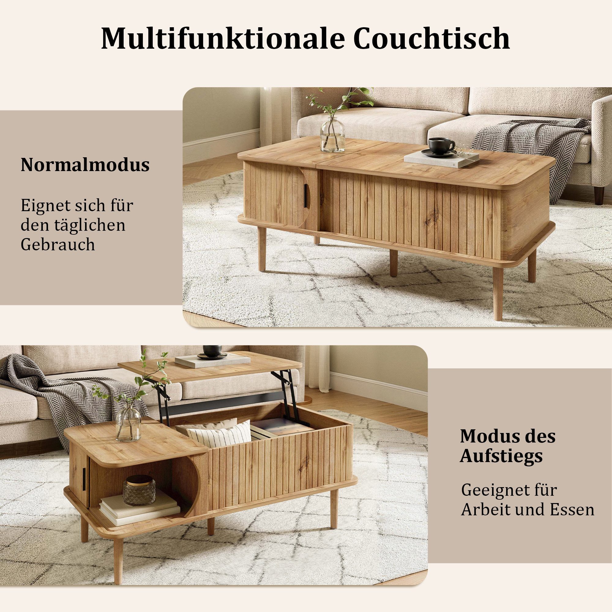 Merax Couchtisch höhenverstellbar Sofatisch Walnuss Retro Beistelltisch (100 x 48 x 55,5 cm, 1-St), Wohnzimmertisch mit Schiebetür, Holzbeinen & Stauraum – Bild 5 von 5