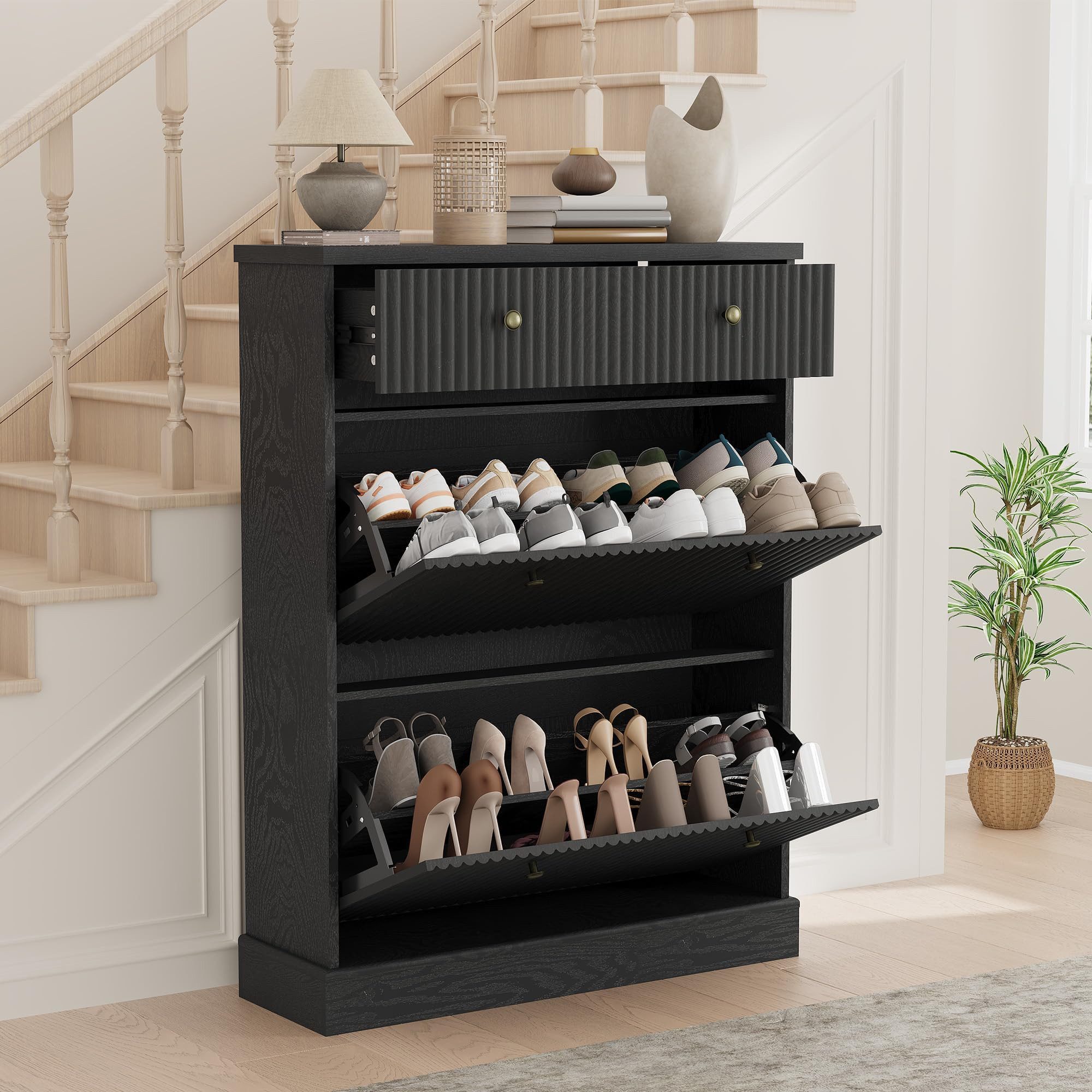 GarveeMore Schuhschrank Moderner Rillenprofil mit 2 Klappschubladen und oberer Schublade (1-St) (B80/T25/H107 cm) Schuhregal für 12–16 Paar Schuhe, für Flur und Diele