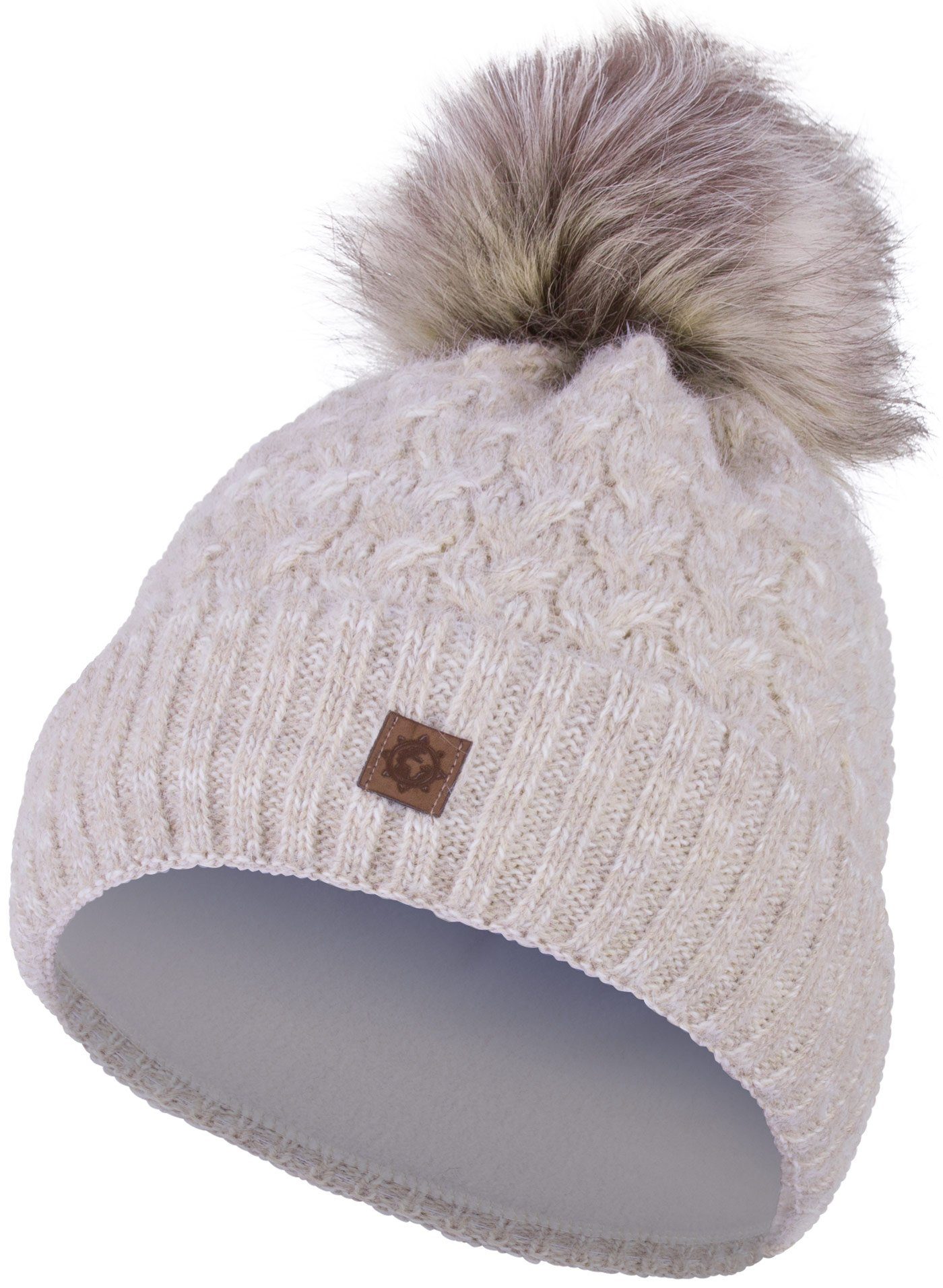 Mütze Wintermütze Fleecefutter Strickmütze Strick Winter beige Damen Bommelmütze (1-St) compagno Beanie