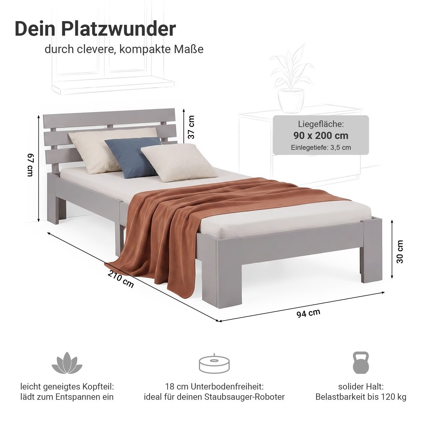 Homestyle4u Massivholzbett 90x200 120x200 140x200 160x200 180x200 Doppelbett Kopfteil Lattenrost (Set, mit Lattenrost, Grau), 90x200, modern, stabil