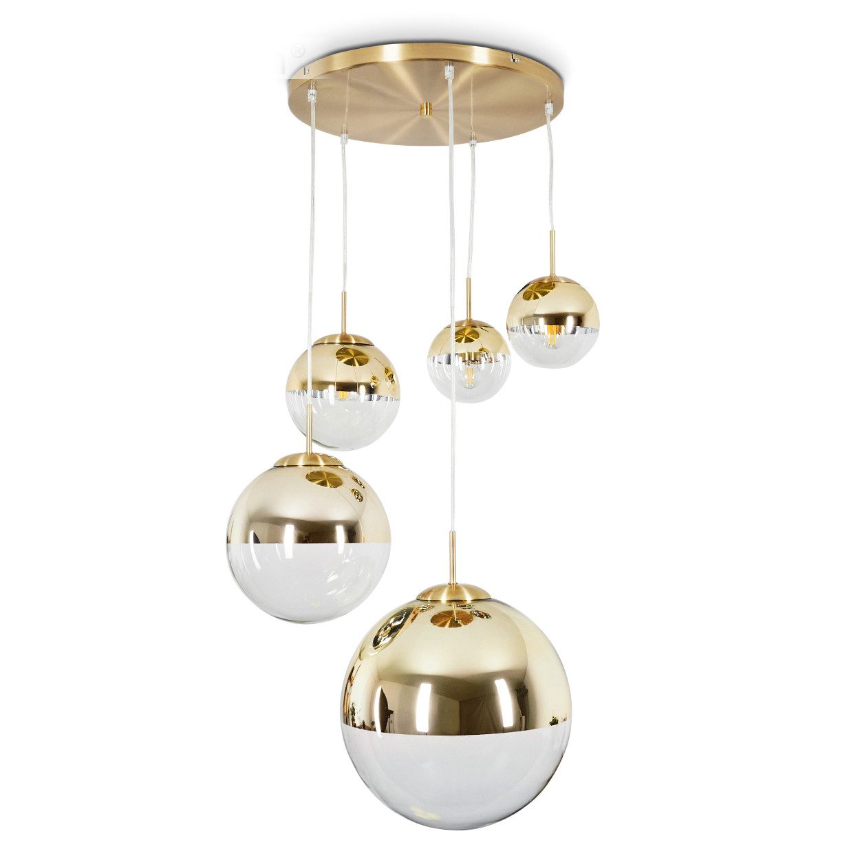 hofstein Hängeleuchte »Arola« 5-flammige Deckenlampe aus Metall/Glas in Goldfarben/Klar, ohne Leuchtmittel, Pendellampe mit Kugeln Echtglas, Höhe max. 142cm, E27 / E27