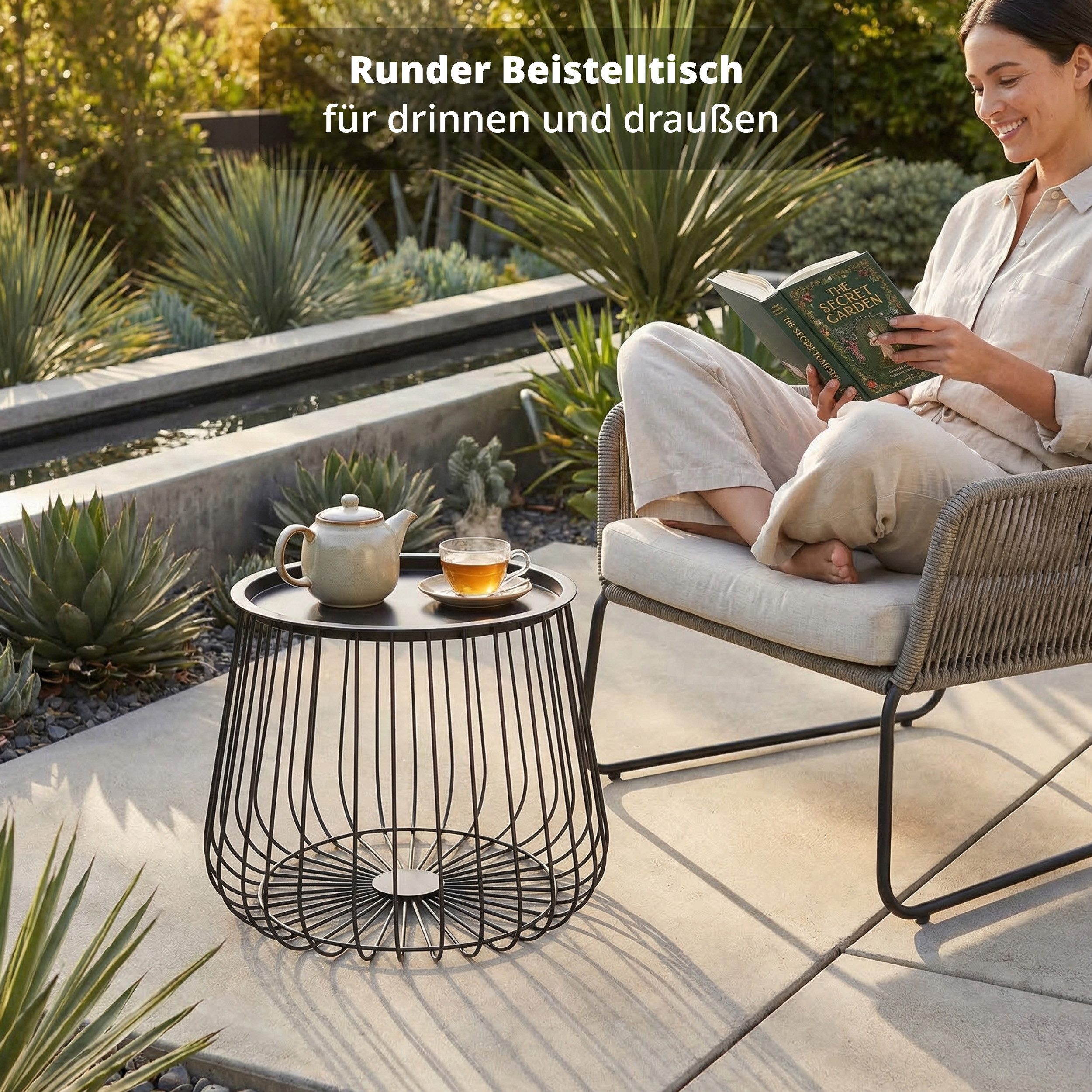 KHG Beistelltisch Garten-Beistelltisch in Anthrazit aus Stahl (runder Couchtisch im Industrial Design mit abnehmbarer Tischplatte, wetterfest UV-beständig, 52x36x52 cm), abnehmbarer Tischplatte als Tablett