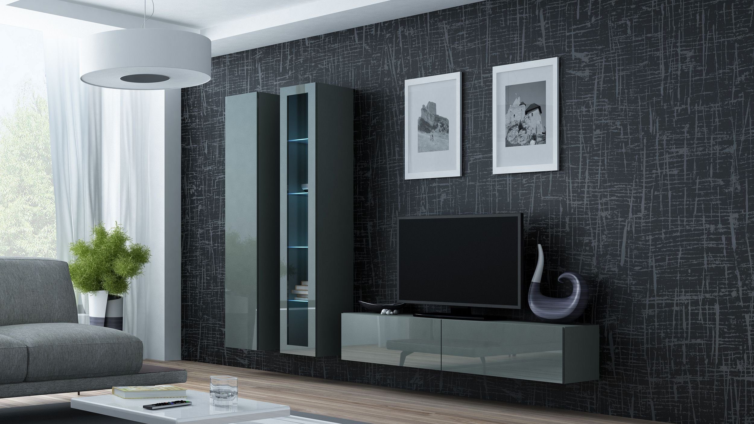 Stylefy Wohnwand Vago X, (Set (3-St), Wohnmöbel, Wohnzimmer-Set), bestehend aus 1xLowboard, 1xHängevitrine und 1xHängeschrank, inkl. LED-Beleuchtung, mit Push-to-Open, Glaselemente Grau Matt - Grau Hochglanz