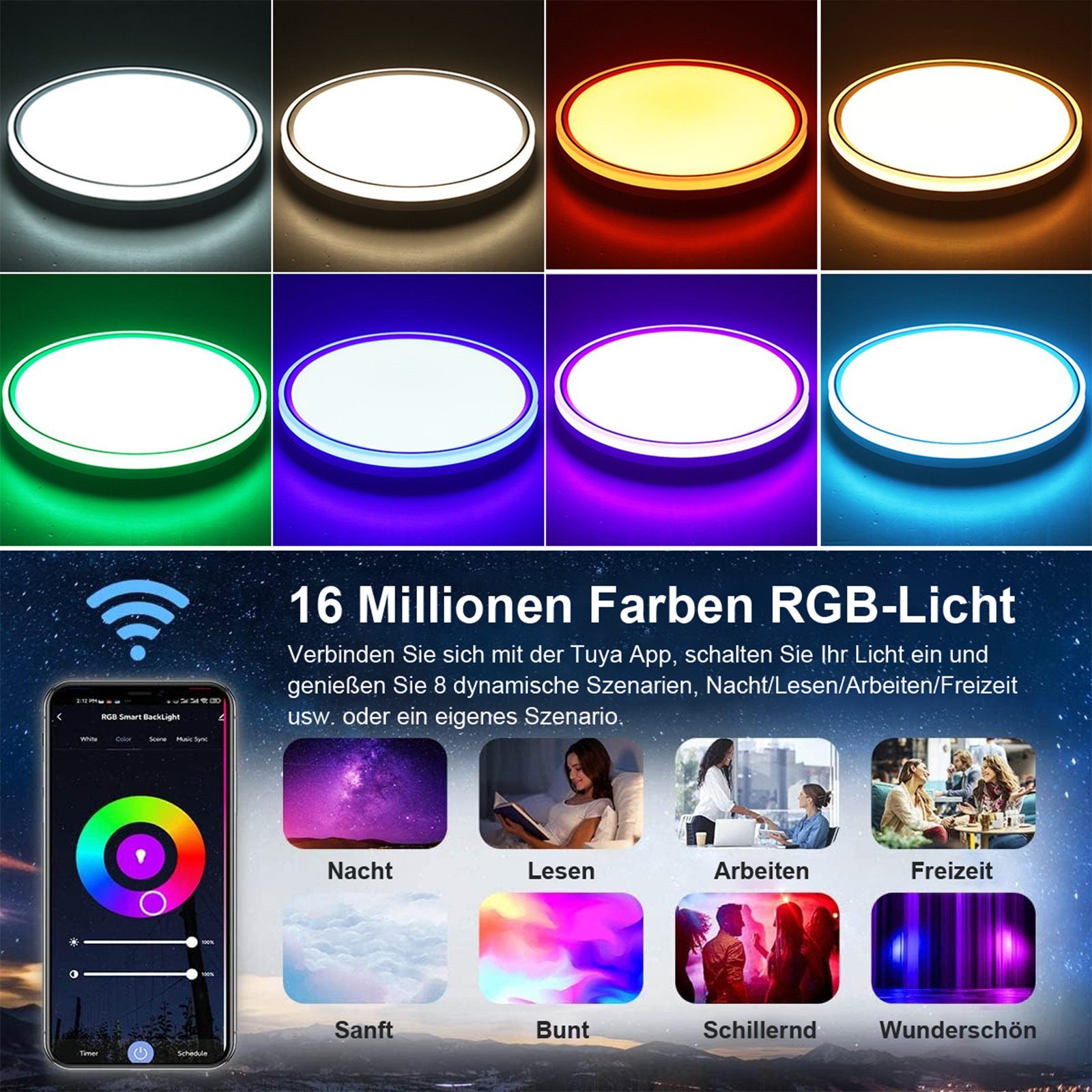 Qualra Tageslichtlampe LED Deckenlampe Dimmbar Fernbedienung 3000-6500K Musik-Synchronisation