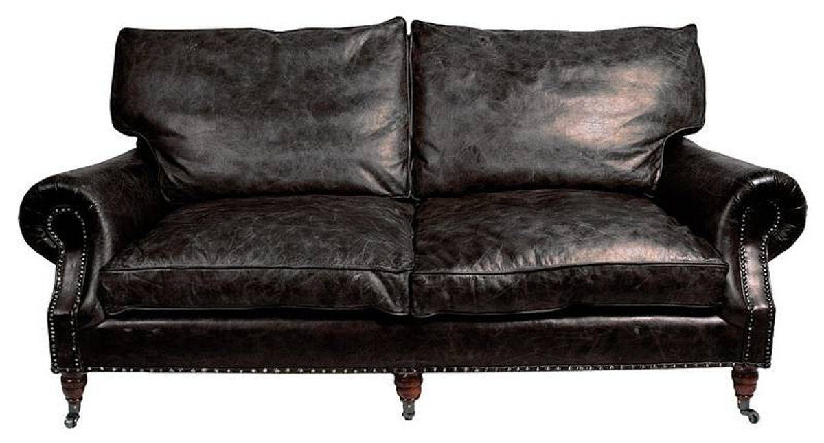 Padrino Luxus Art 3 Sofa Sitzer Leder Echt Leder Sofa Casa Vintage Deco Schwarz