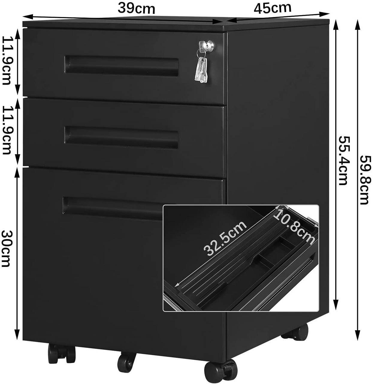 Woltu Rollcontainer SK023sz, Mobiler Bürocontainer mit Aktenschrank 3 Schwarz Schubladen