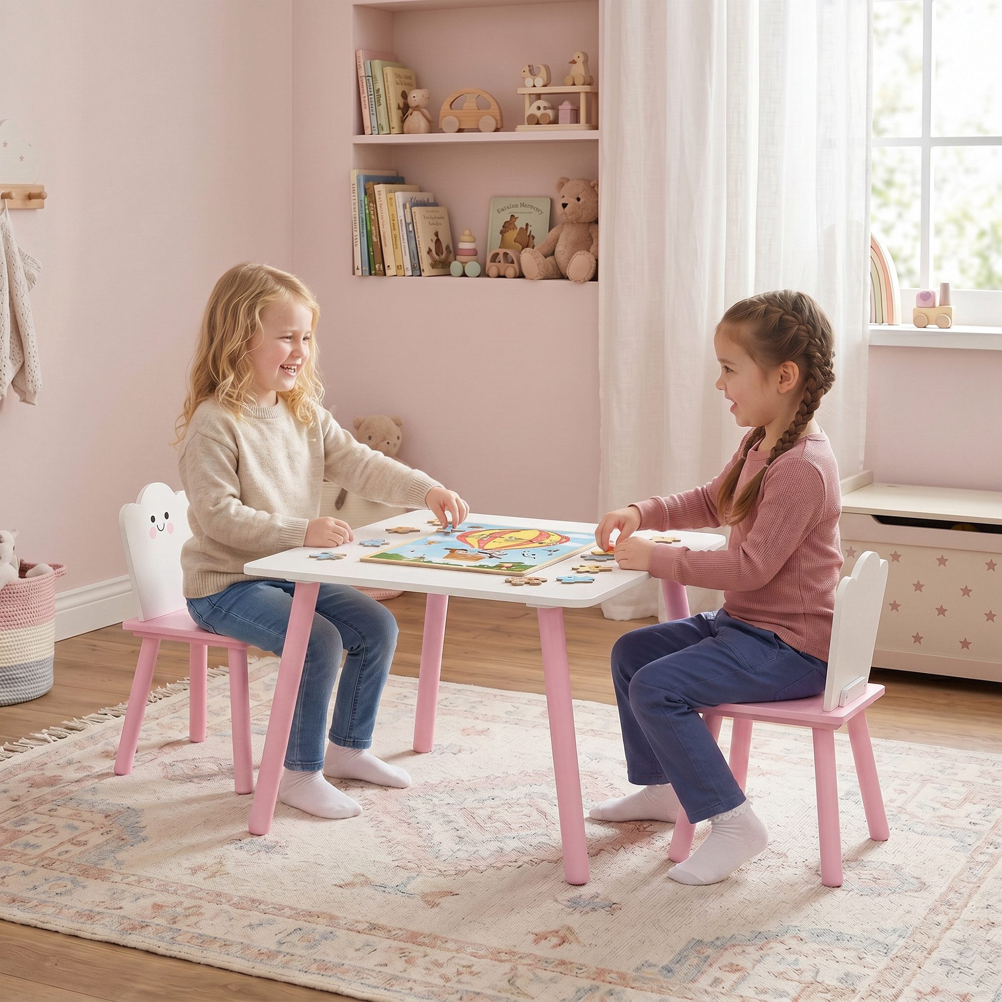 AIYAPLAY Kindersitzgruppe Kindertisch mit 2 Stühlen, (Set, 3-tlg., 1 Tisch, 2 Stühle), abgerundete Kanten