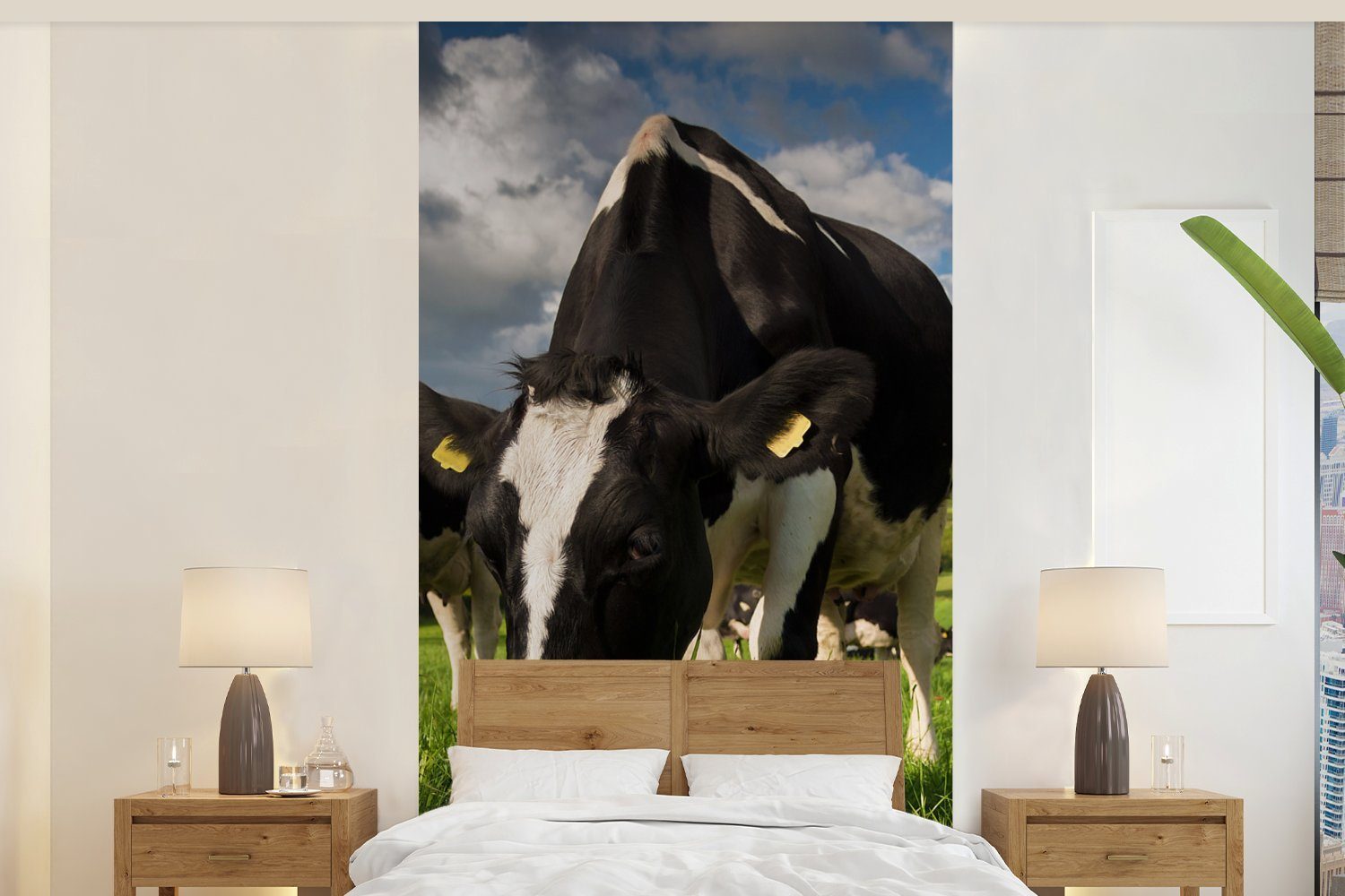 (2 Natur bedruckt, - Fototapete Fototapete Küche, für St), - Schlafzimmer - Tiere, MuchoWow Wohnzimmer Matt, Gras Vliestapete Kuh