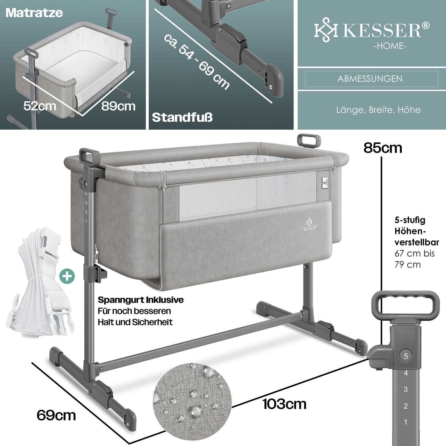 KESSER Kinderbett, Zustellbett Hubi 3in1 Baby Beistellbett Reisebett Babybett