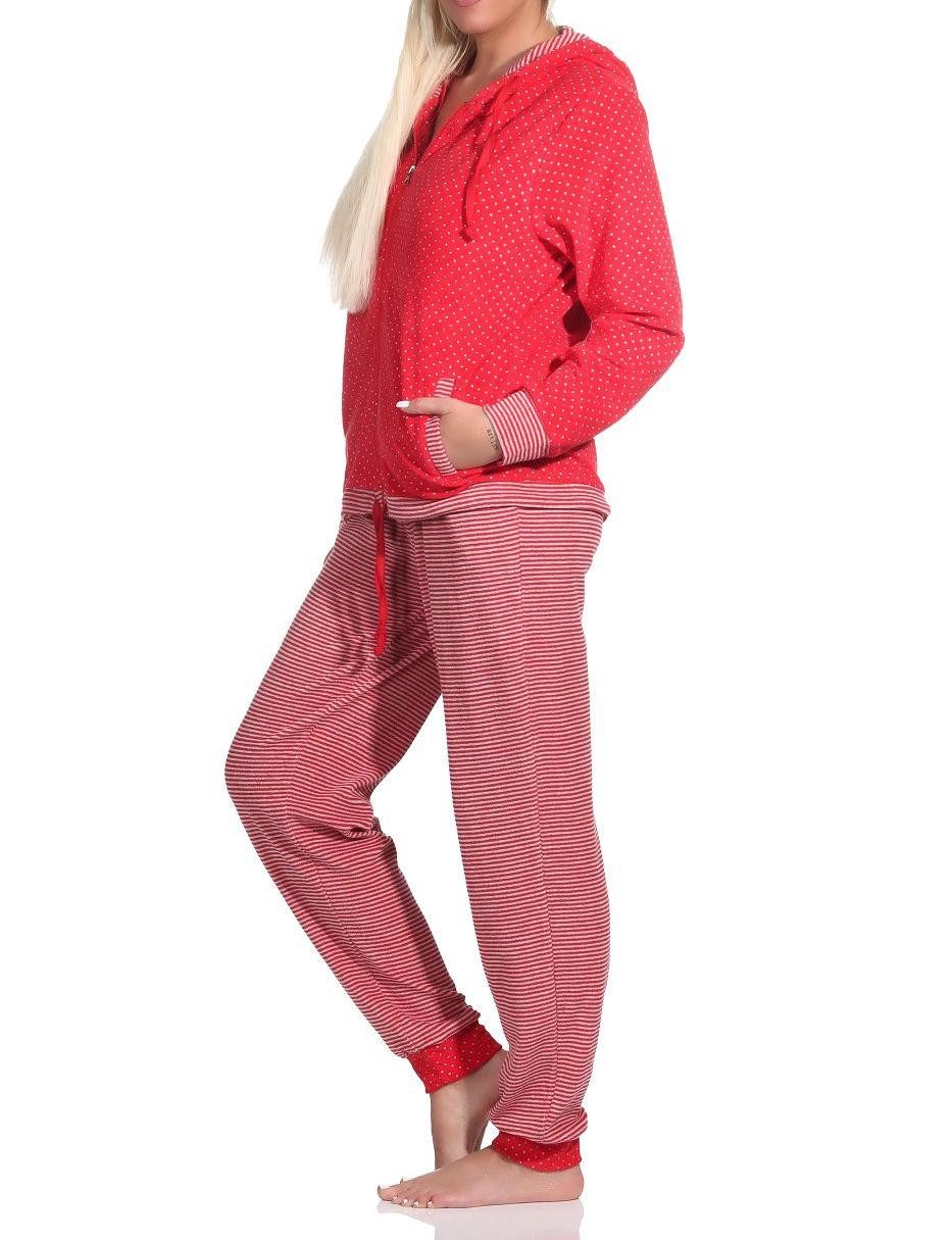 Normann Relaxanzug Damen Frottee Hausanzug mit Bündchen im Tupfen- und Ringeldesign – Bild 3 von 5
