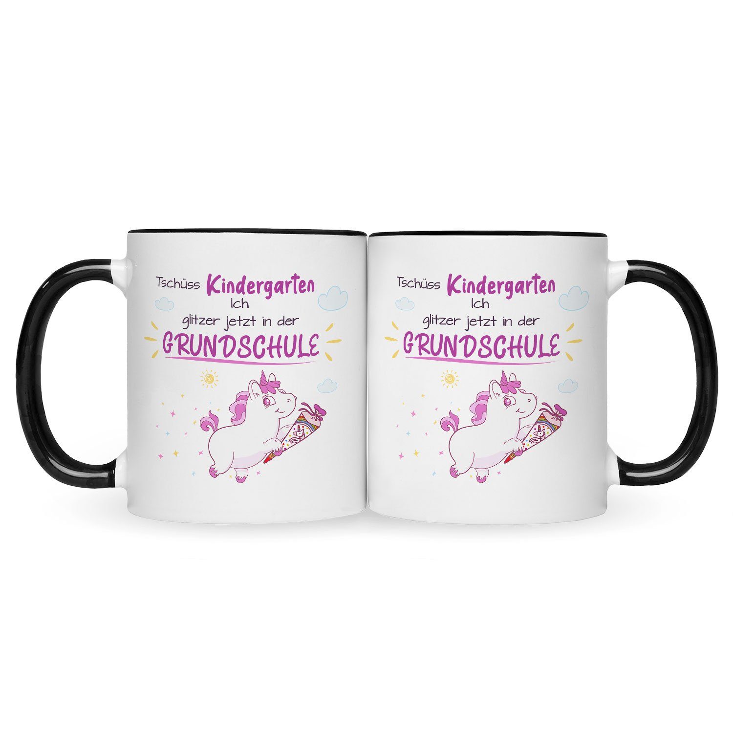 GRAVURZEILE Tasse mit Spruch - Tschüss Kindergarten ich glitzer in der Grundschule, Keramik, Farbe: Schwarz & Weiß